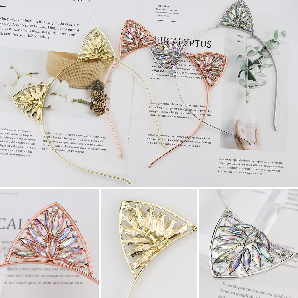 NODG 3 Pieces Crystal Cat Ears Headbands Rhinestone Cat Ear Tiaras for Women Gold Hair Hoop Women Girls Kids Party Decoration Headdress Cosplay Costume Head wear - Image 5