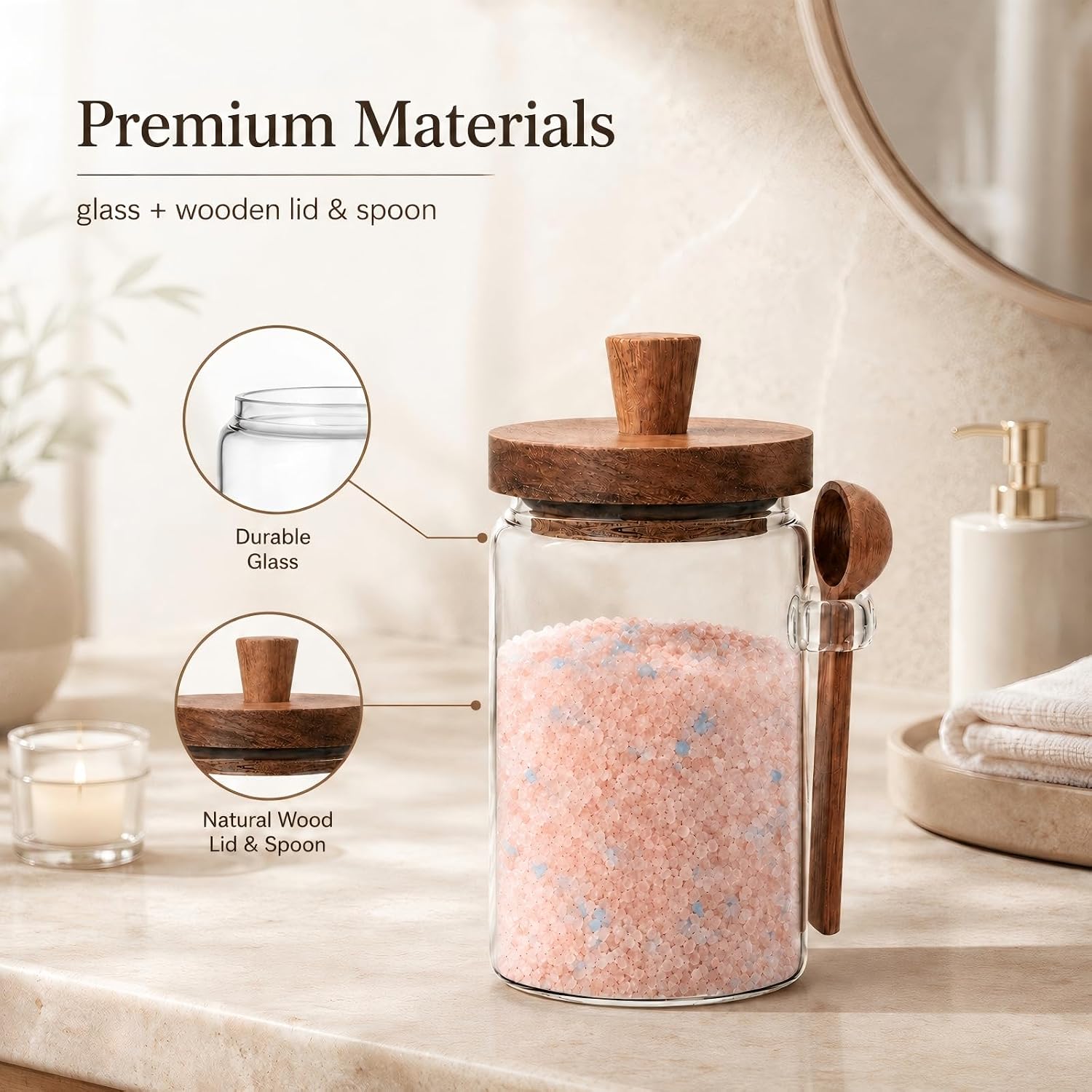 30oz Bath Salt Container with Wooden Lid & Spoon Bathroom Storage | Large Capacity Transparent Glass Storage for Bathroom, Kitchen