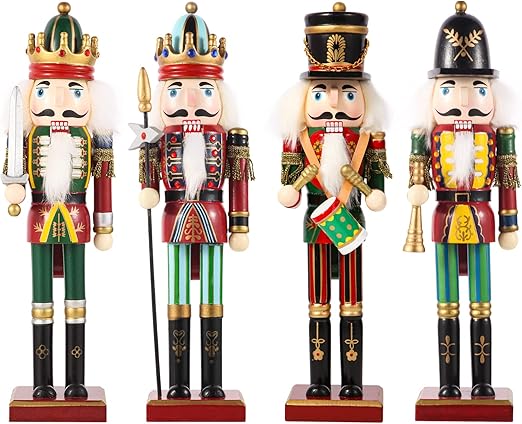 4PCS Christmas Nutcrackers Ornaments Set, Traditional Painted Wooden Nutcracker Soldiers Doll, 12 inch Nutcracker Figures Holiday Party Tabletop Christmas Decorations