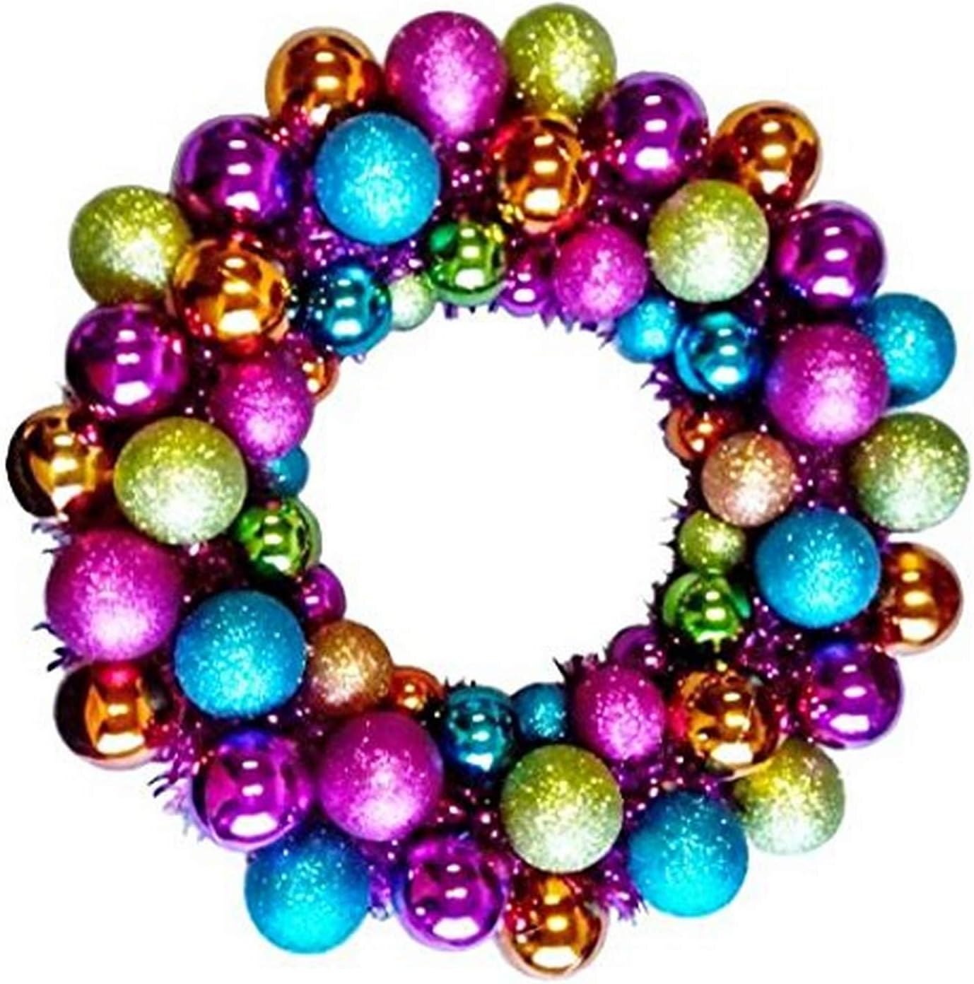 Queens of Christmas Multi-Colored Battery Powered 16" Mardi Gras Ball Wreath with Warm White LED, Purple, Lime Green, Orange, Aqua