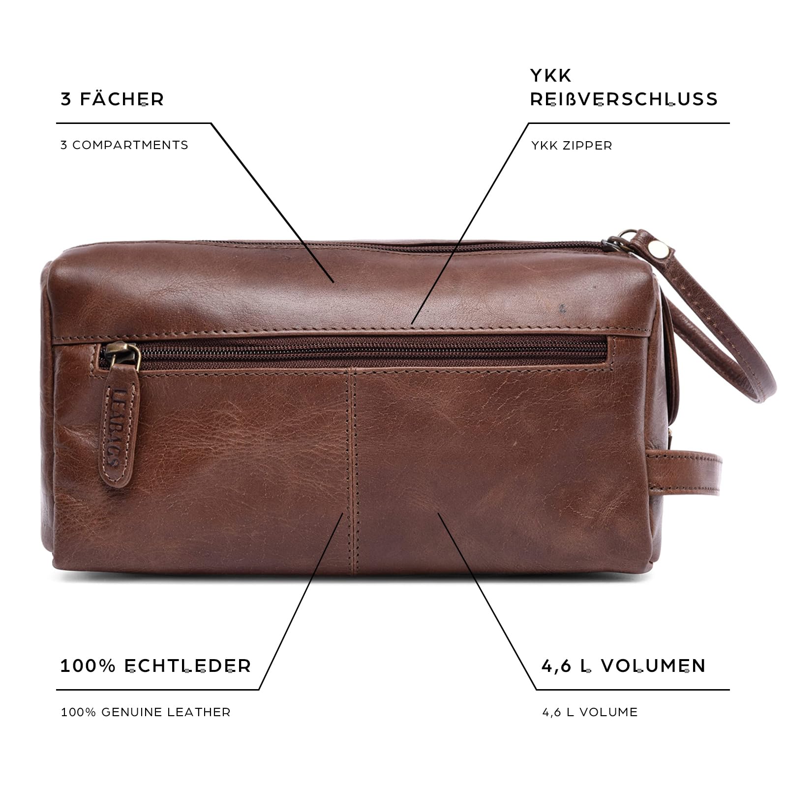 LEABAGS Grande Borsa da Toeletta in Pelle Premium per Uomo e Donna | Beauty Case, Porta Trucchi, Organizer da Viaggio | Spaziosa Trousse da Trucco | Borsa da Lavaggio