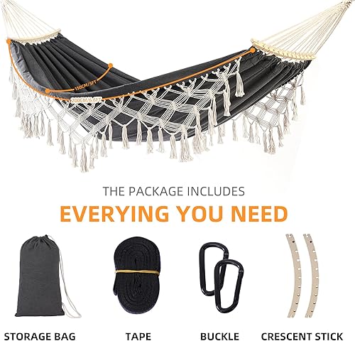 Miniatura 2 de SXSEAGLE Hamaca colgante doble máximo 500 libras macramé para interiores y exteriores, patio, jardín (negro y gris)