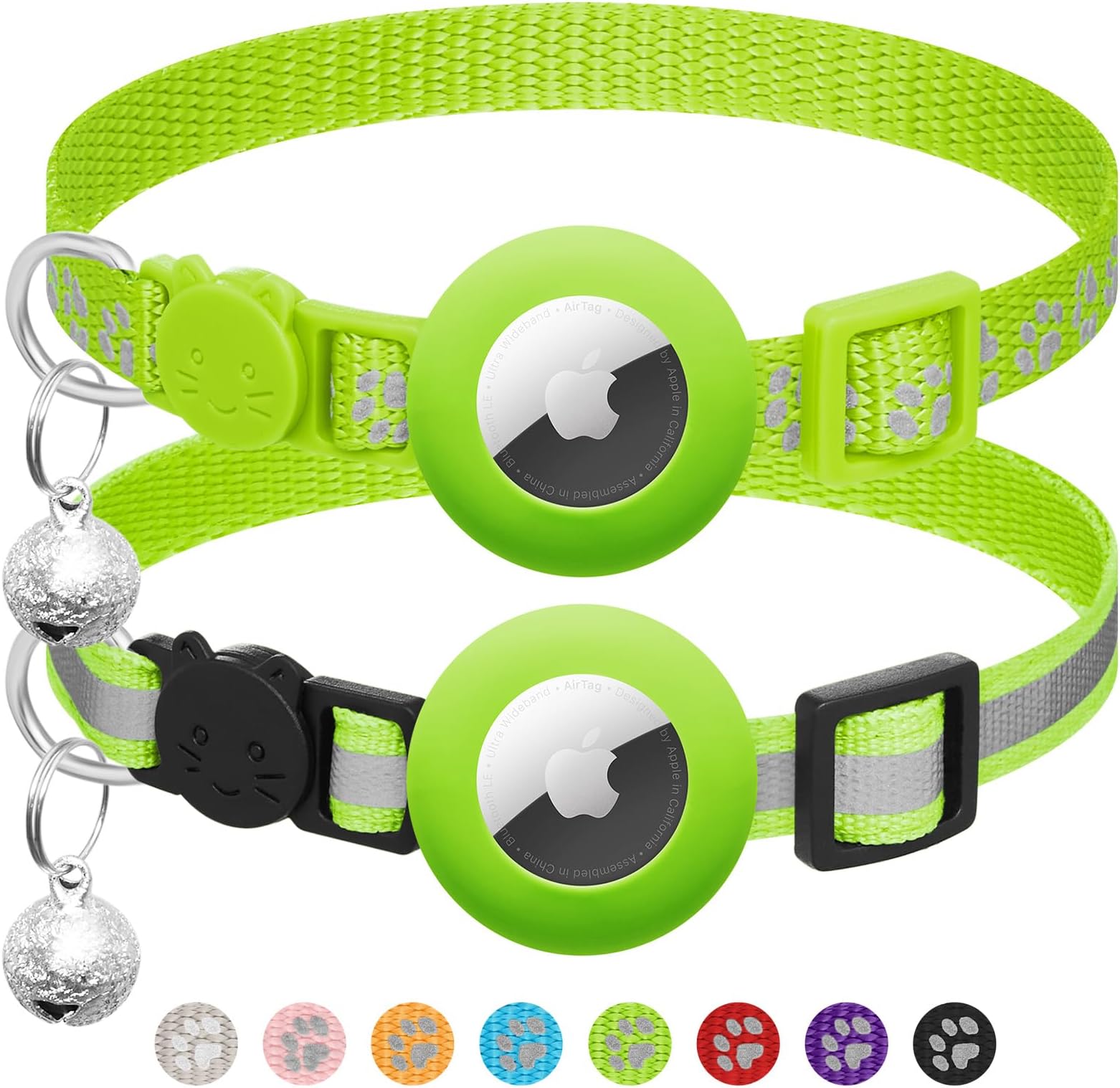 2 Pack Airtag Cat Collar Breakaway with Bell,Reflective Kitten Collar with Apple Airtag Cat Collar Holder,Adjustable 7-12In,Safety Buckle for Girl Boy Cats,Pet Supplies,Accessories,Gifts (Green)
