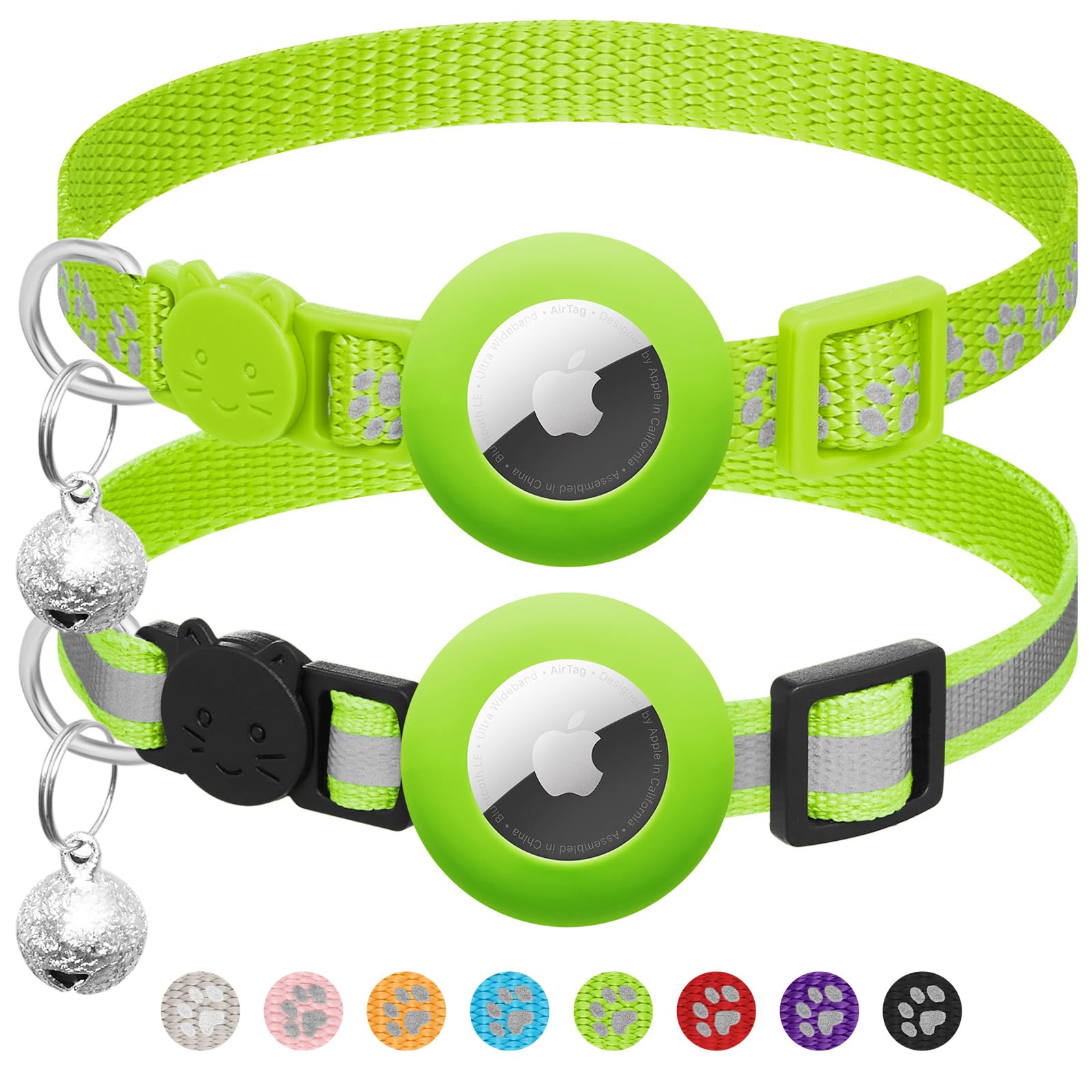 2 Pack Airtag Cat Collar Breakaway with Bell,Reflective Kitten Collar with Apple Airtag Cat Collar Holder,Adjustable 7-12In,Safety Buckle for Girl Boy Cats,Pet Supplies,Accessories,Gifts (Green)