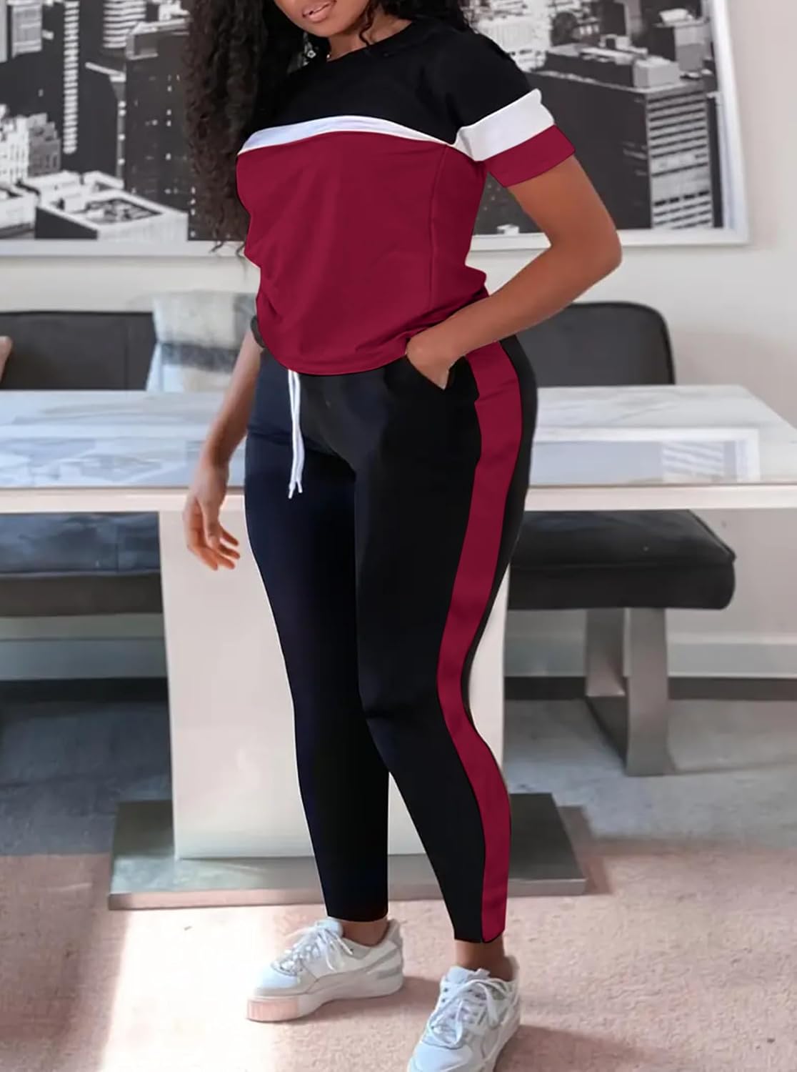 LovelyWholesale Plus Size 2 Piece Outfits for Women Color Block Tracksuit Short Sleeve Top and Pants Set