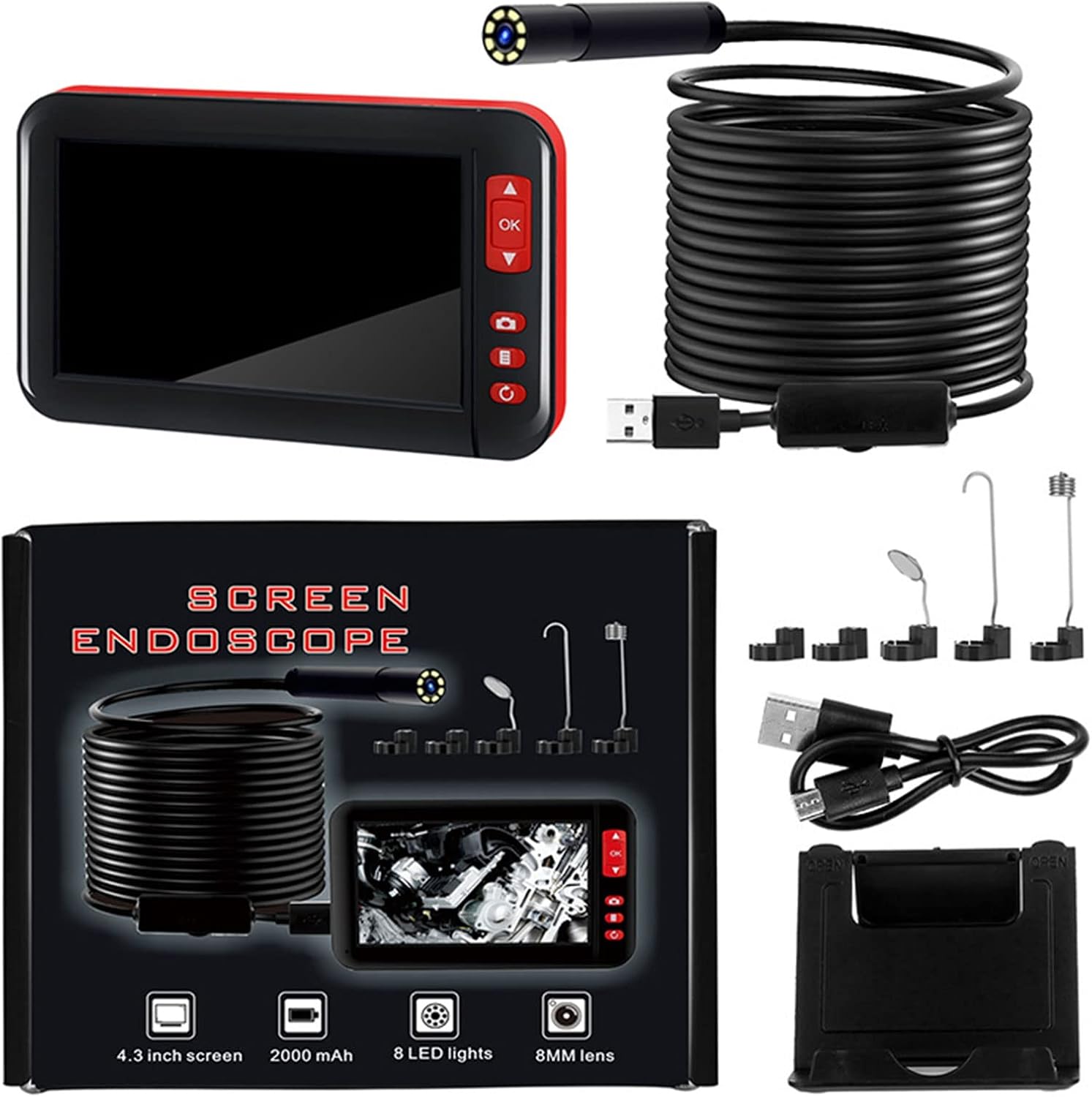 Borescope Inspection Camera, Industrial Endoscope Camera 1080p Digital Borescope with 4.3" Screen and 8 LED Lights, Snake Inspection Camera with 2000 mAh Battery