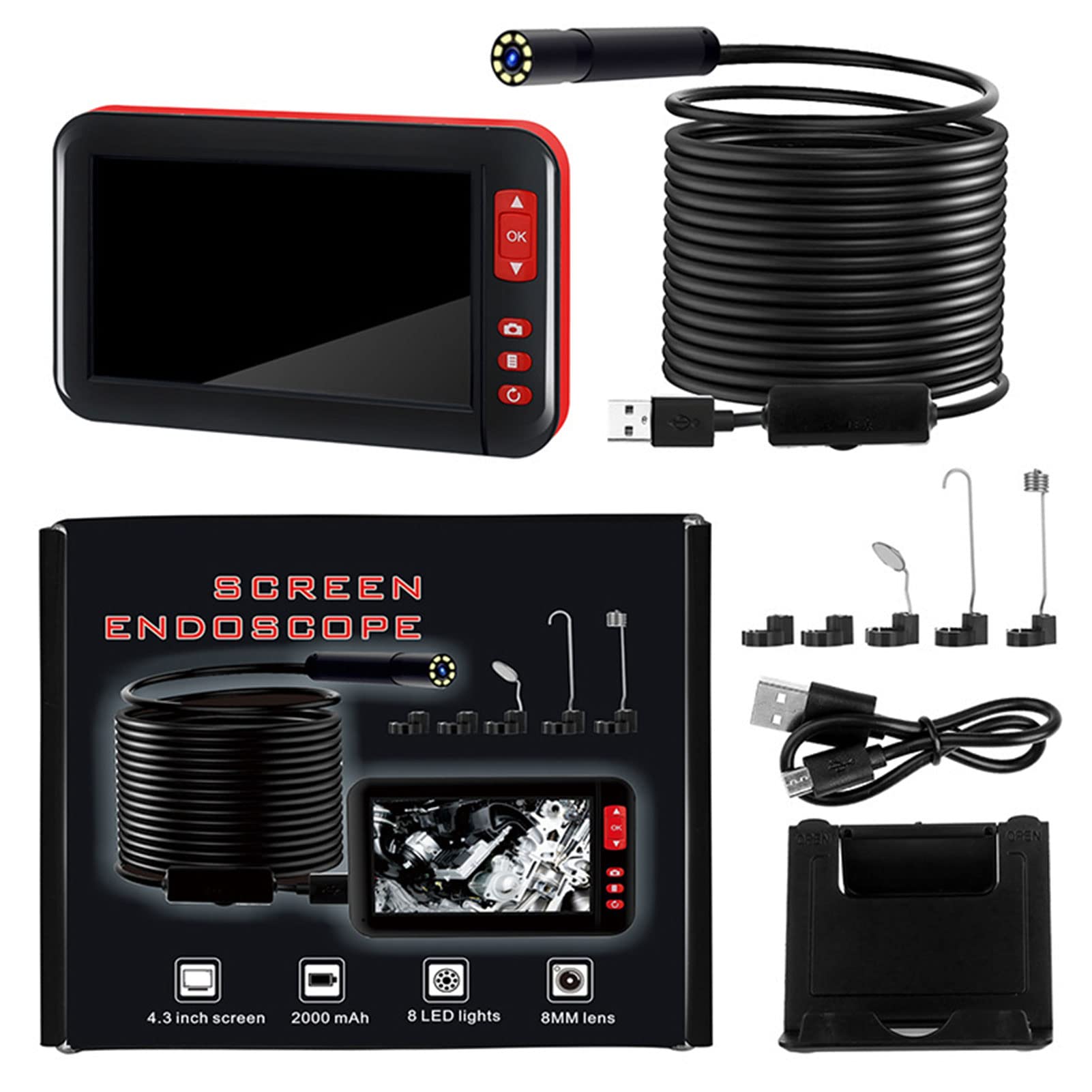 Boroskop, Kamera inspekcyjna Endo Scope 8 mm z ekranem 4,3" i 8 diodami LED, z baterią 2000 mAh(10M)