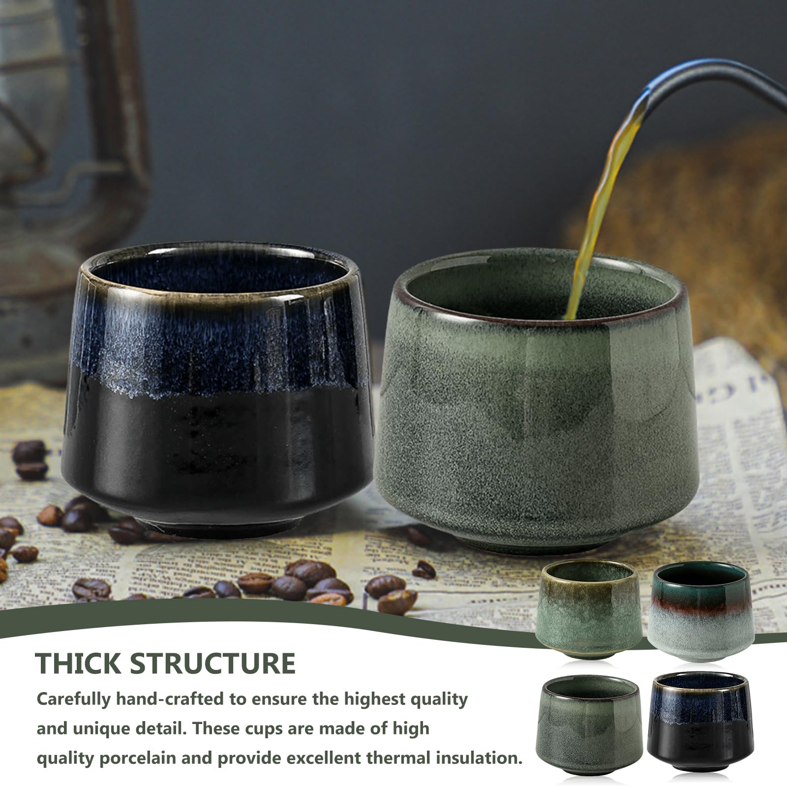 Set di 4 tazze da caffè in gres porcellanato, di alta qualità, senza manico, mini tazze da caffè in ceramica, mini tazze da caffè, design artistico, per caffè e tè alla moka