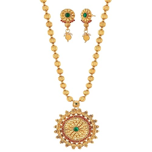 Peora Gold Plated Indian Traditional Wedding Red Green Pendant Earring Necklace Jewellery Set for Women Girls