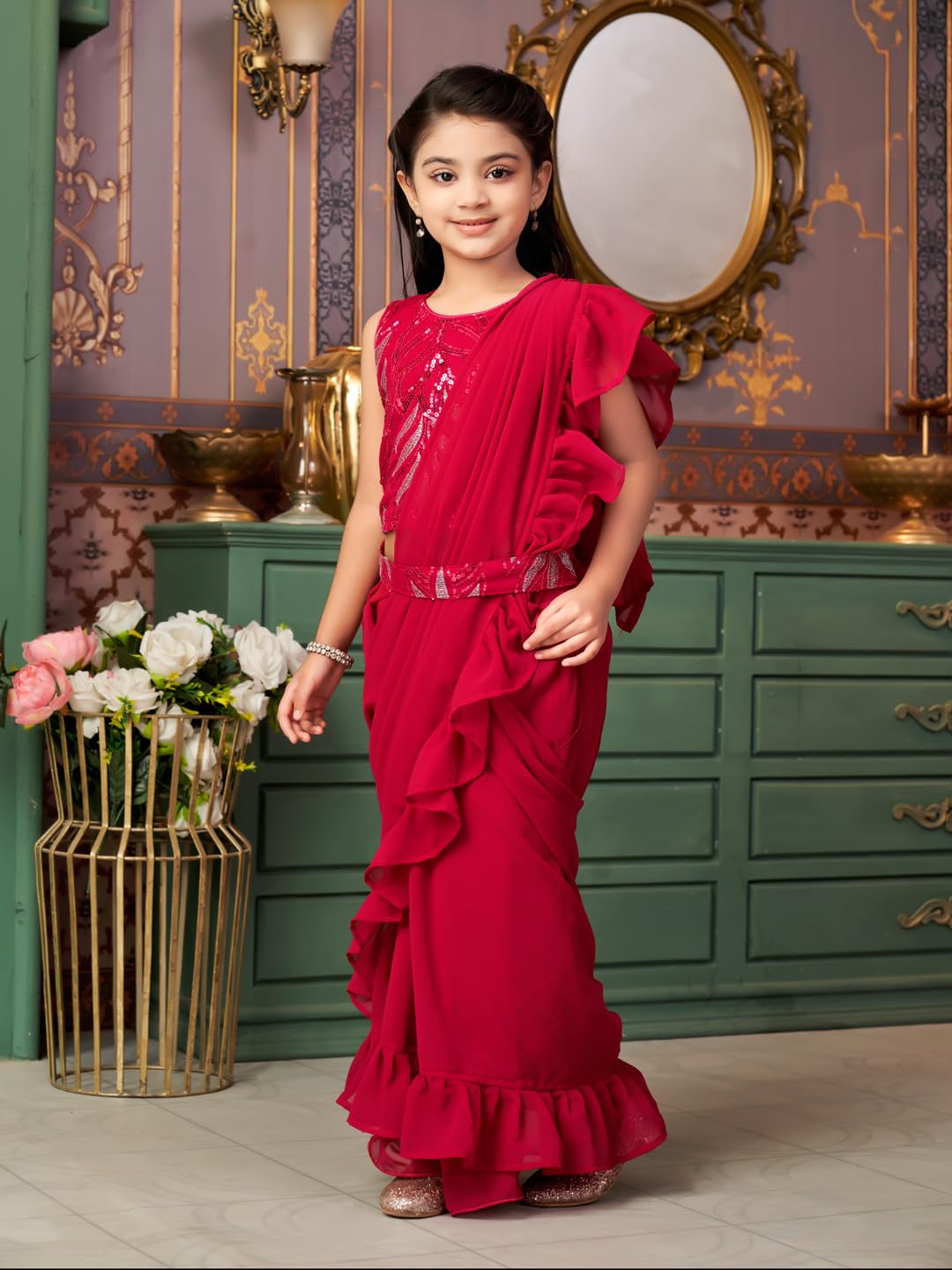 Aarika Girls Ethnic Wear Rani Colour Sequin Embroidery Georgette Lehenga Choli Set With Attached Dupatta-(Lch-Shm-5019-Rani-34)-(4-13 Years)