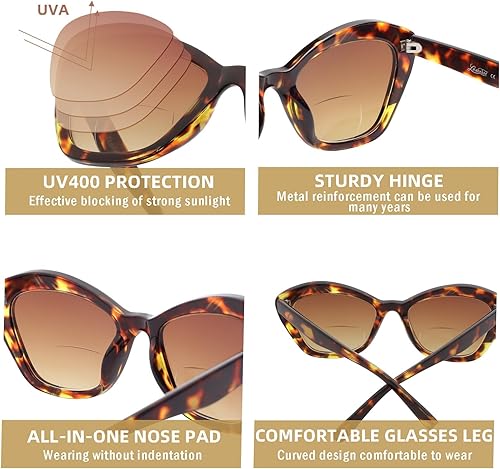 Miniatura 5 de LADEESSE 3 Pack de gafas de sol bifocales para lectura para mujeres, gafas de sol de moda estilo ojo de gato para exteriores, protección UV400 +2.50