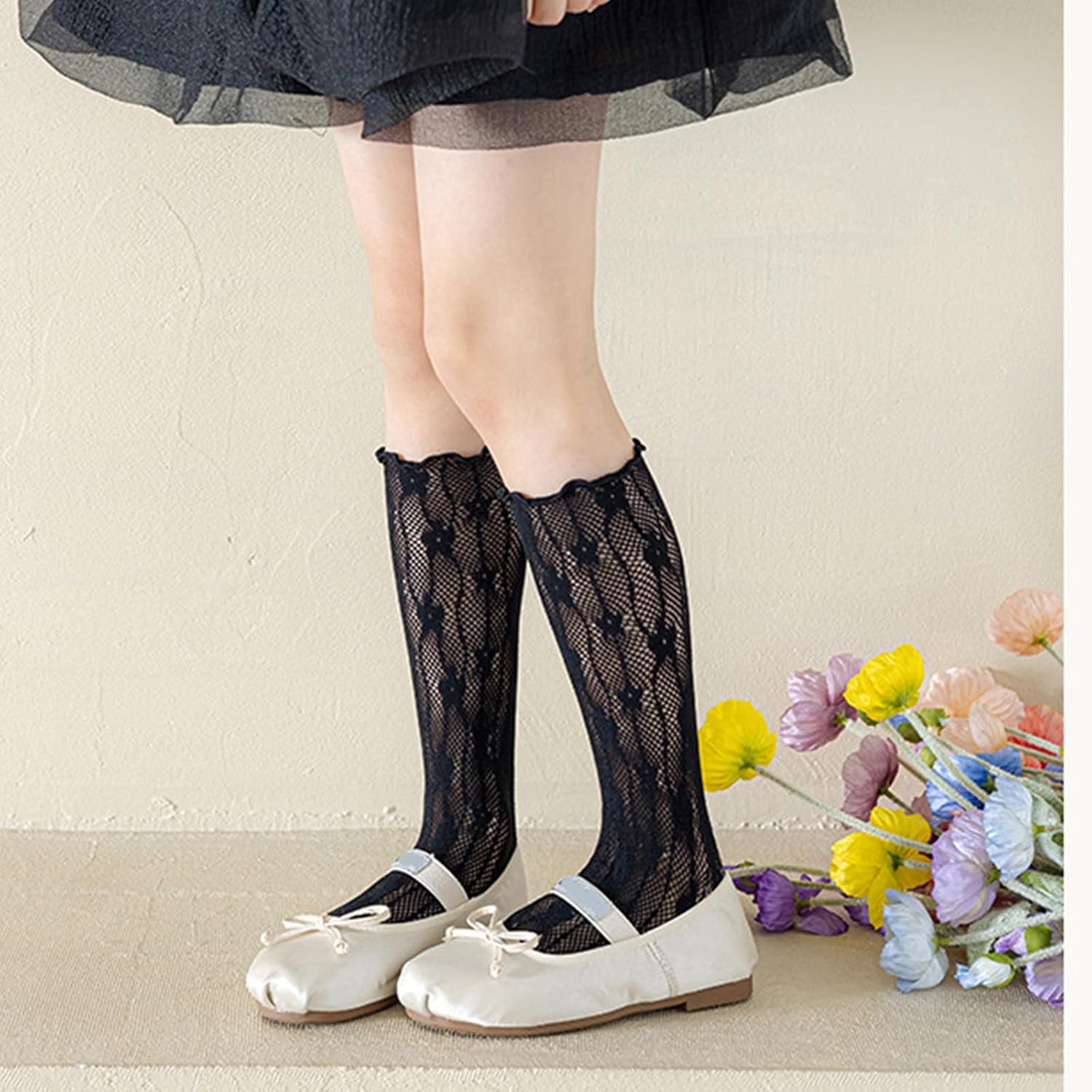 Toddler Socks, Breathable Kids Socks 3-13 Years Girls Middle Tube Sock Stackable with Delicate Flower Pattern