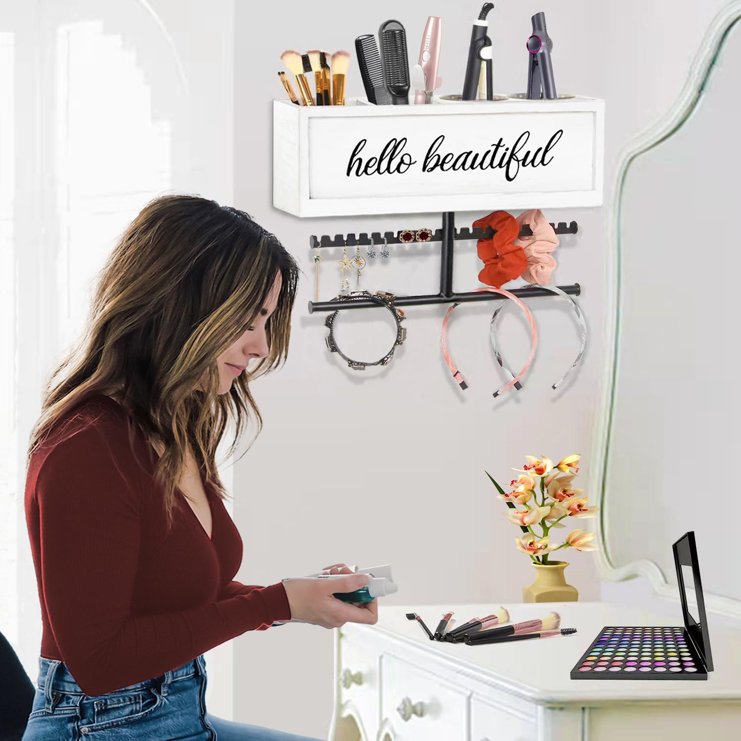 Soporte rústico para secador de pelo montado en la pared, organizador de herramientas y accesorios para peinar el cabello, suministros de baño y herramientas calientes, organizador de tocadores, para