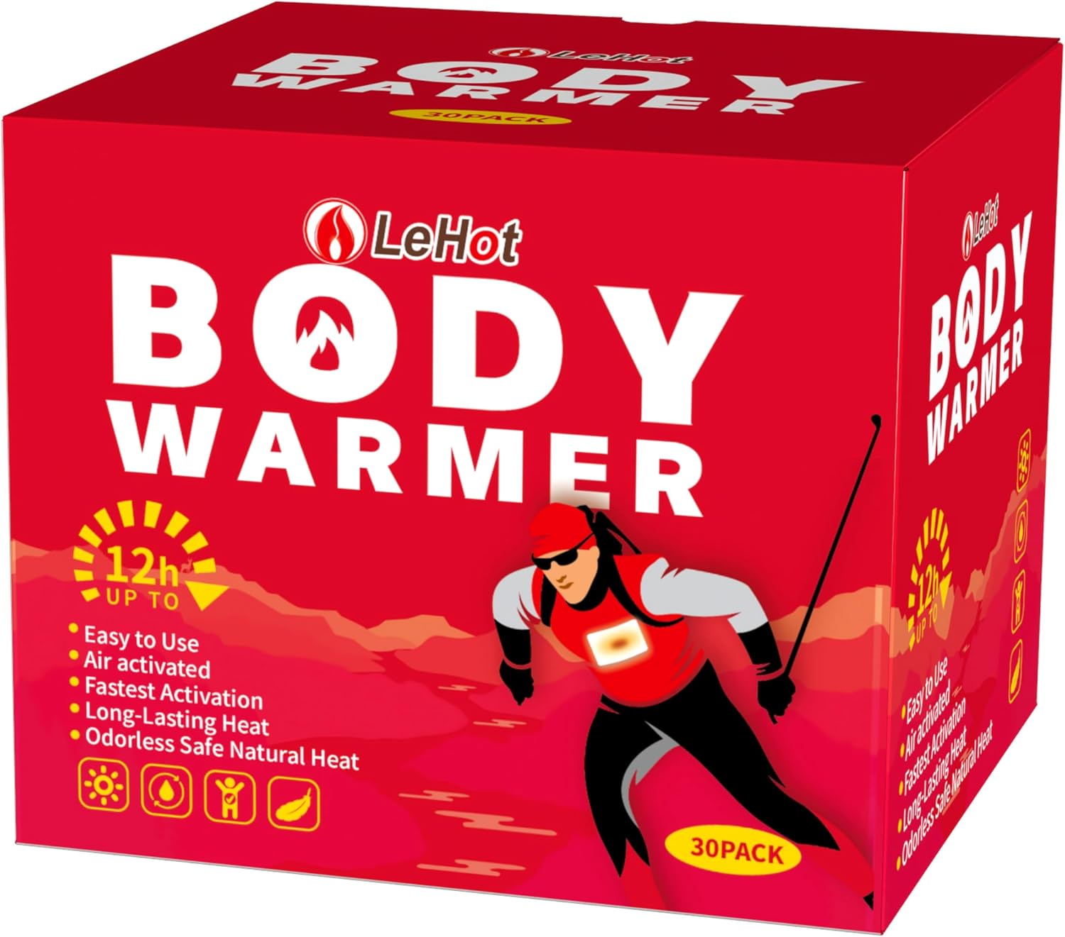 Hot Body Warmers - 30 Pack Disposable Adhesive Patches for Up to 12 Hours of Safe, Natural Heat, Ideal for Outdoor Activities Like Skiing, Hiking & More, Fastest Activation for On-the-Go Warmth.