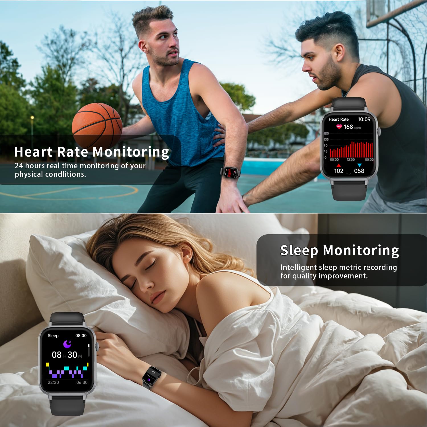 Reloj Inteligente Hombre con Bluetooth Llamada y Recibir Whatsapp, 1,85" Smartwatch Mujer con 113+ Modos Deportes, Monitor de Ritmo Cardíaco y Sueño Pulsera Actividad, Impermeable IP68, Negro