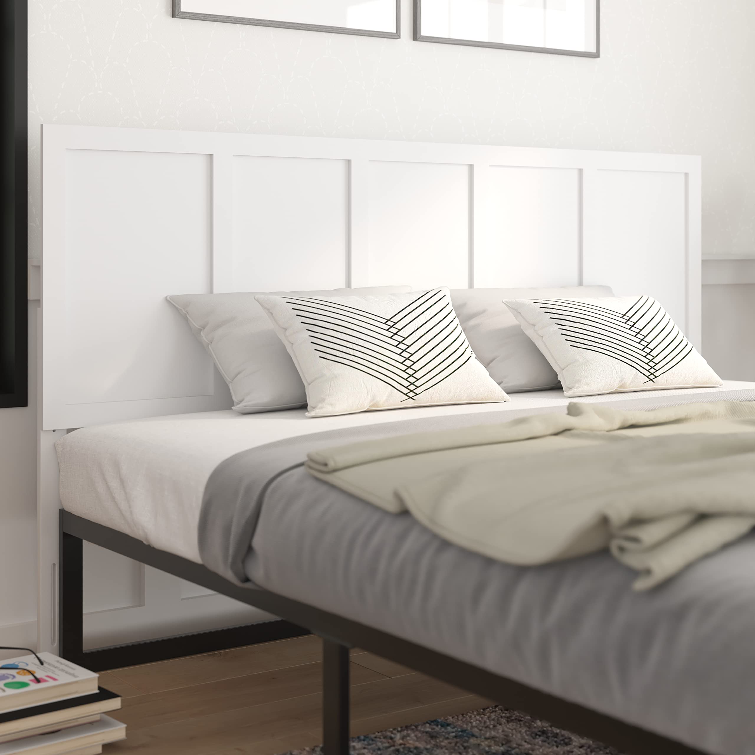 Taylor & Logan Oakley King Size Four Panel Adjustable Solid Wood Headboard for Universal Metal Bedframes in White