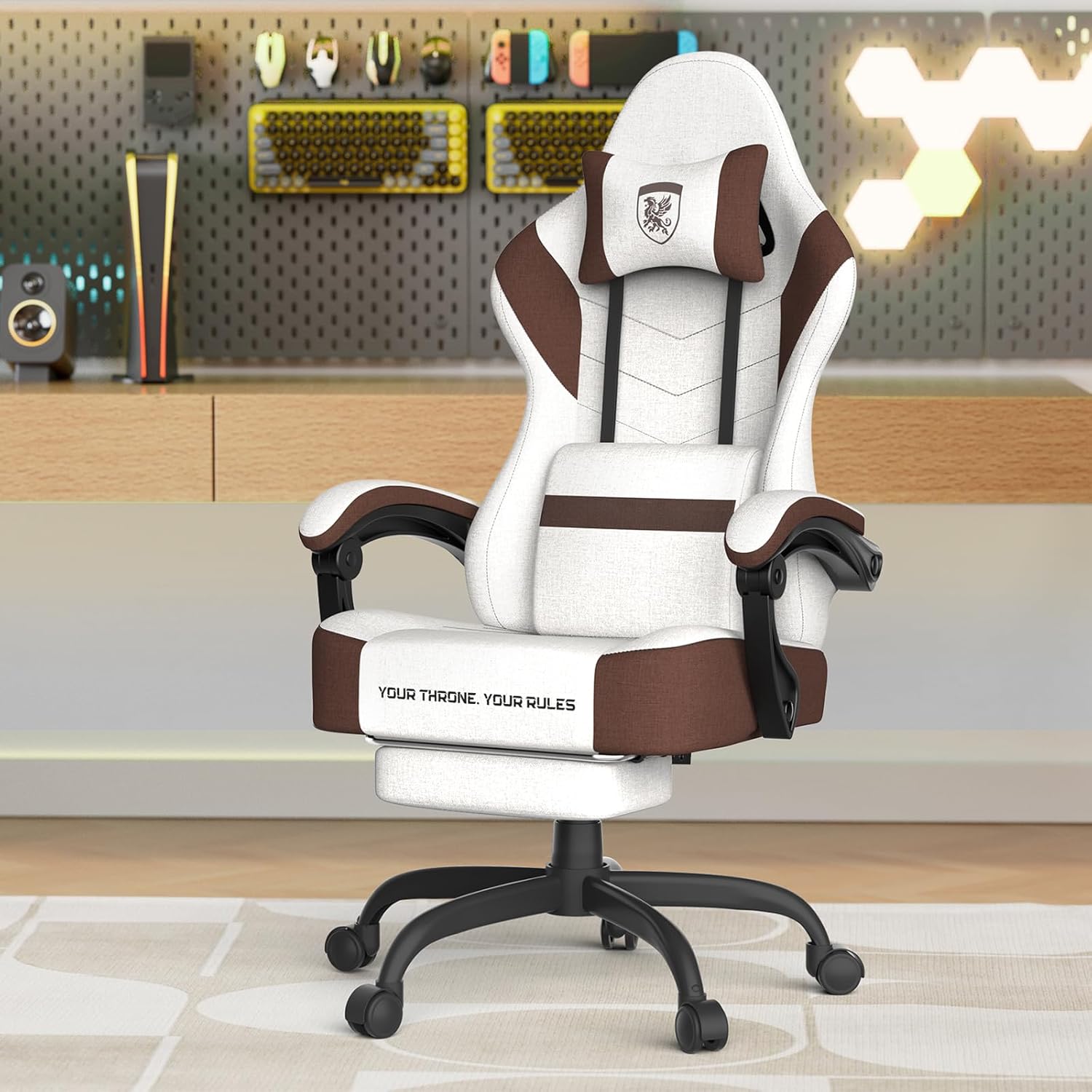 Soontrans Linen Fabric Beige and Brown Gaming Chair with Footrest, Ergonomic Computer Chair with Massage Lumbar Pillow,Gamer Chair with Adjustable Headrest, Comfortable Office Chair for Home & Gaming