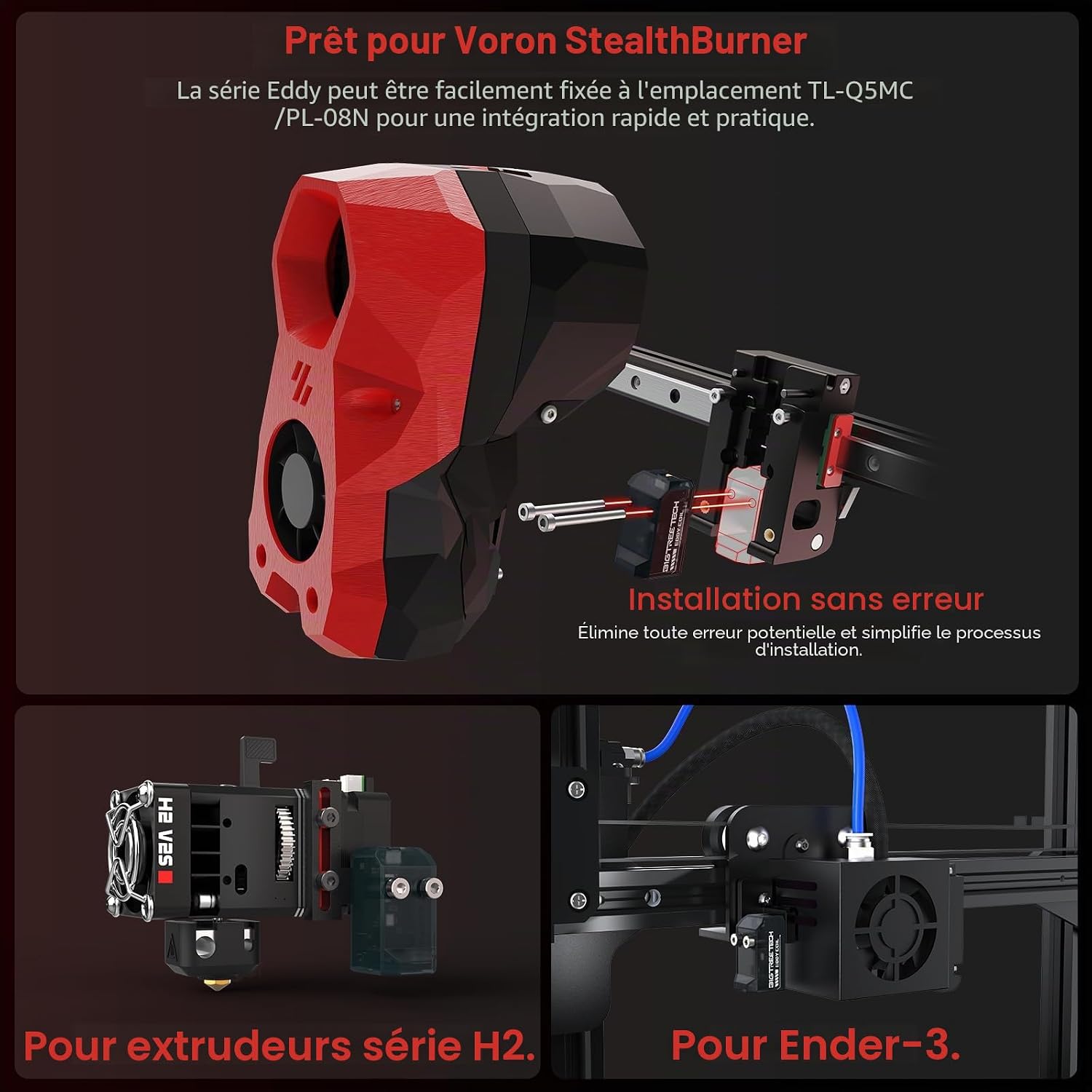 Installation examples of the Eddy Coil V1.0 on a Voron Stealthburner, an H2 series extruder, and an Ender-3 style hotend, demonstrating error-free installation.