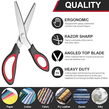 9 Inch Pinking Shears for Fabric, Zig Zag Sewing Scissors, Black Red