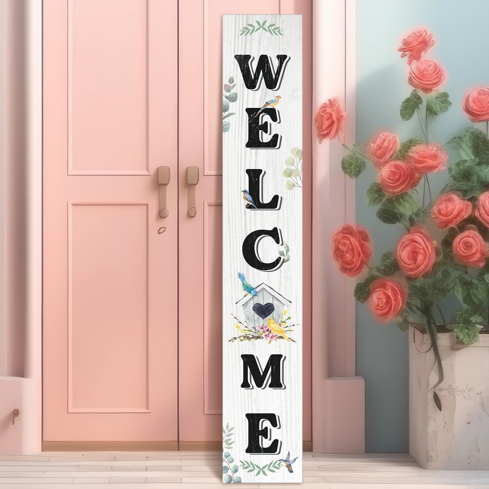 Summer Welcome Sign for Front Porch Standing 47 x 8 Inches Hello Summer Nest Birdhouse Porch Sign for Front Door Decor, Farmhouse Bird Hanging Wall Decorations for Outdoor Garden
