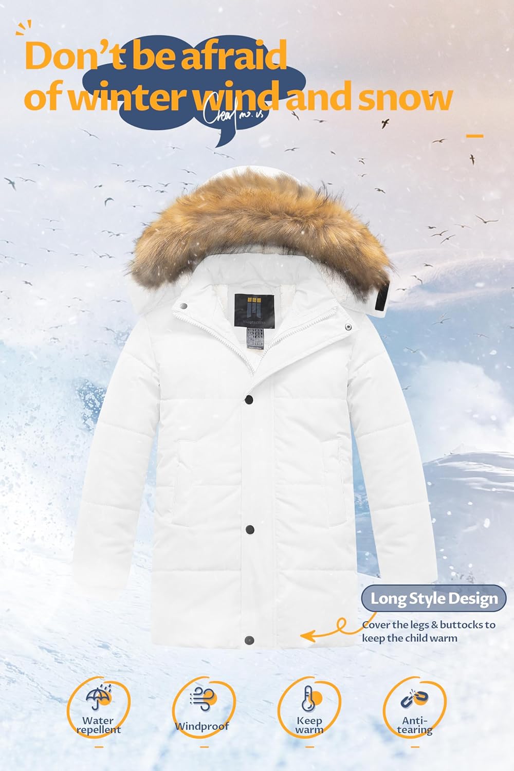 CREATMO US Boy's Sherpa Long Parka Winter Coat Thicken Water Repellent Puffer Jacket With Removable Faux Fur Hood - Image 5