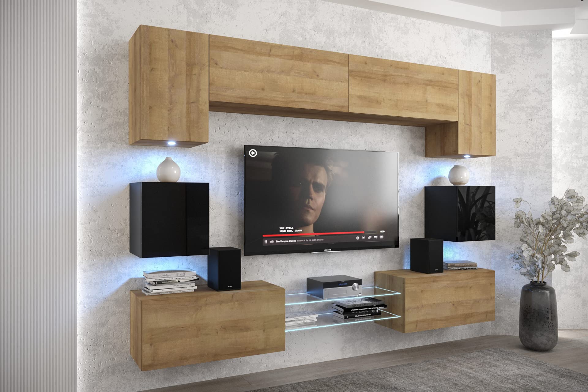 Furnitech NOWARA ANX1 ścianka na media, szafka ścienna, meblościanka z oświetleniem LED, meble do salonu, meblościanka (LED RGB (16 kolorów), ANX1-17DZB-HGM-35-1A)