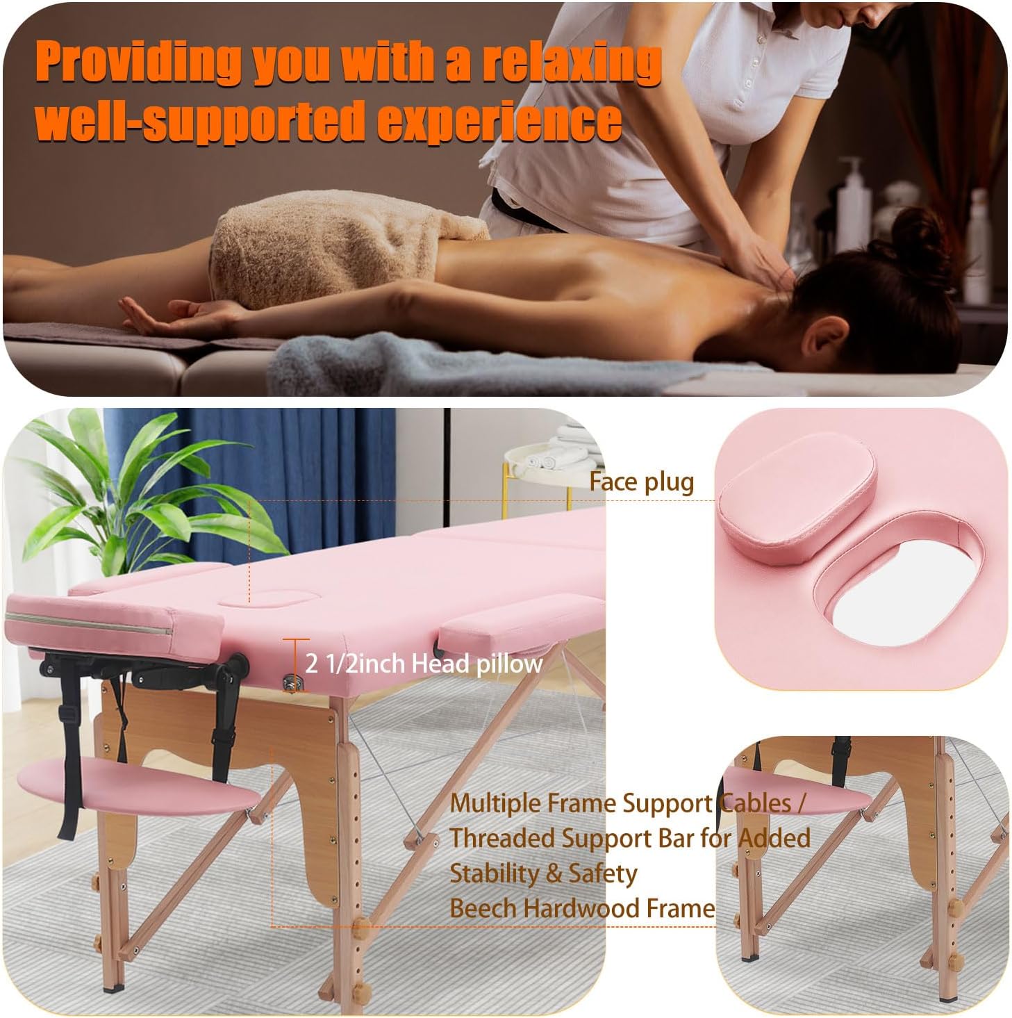 Massage Table Portable with Neck Stretcher, 84 inch Massage Bed Adjustable Lash Bed Tattoo Table for Eyelash Extensions Beauty(Table Only，Pink)