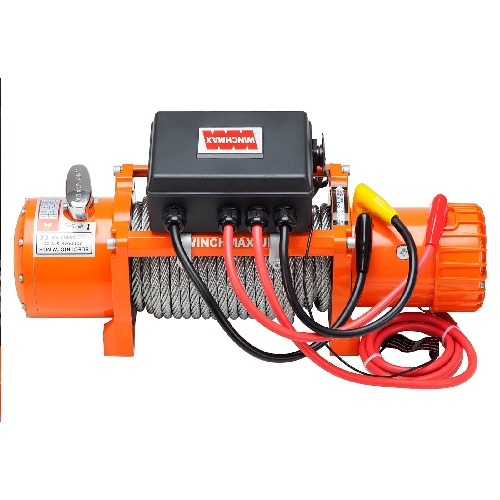 Winchmax 13500 lb / 6123 kg Verricello Elettrico Originale Arancione 24v. Fune in Acciaio da 26 m x 9,5 mm. Gancio a Cerniera da 3/8 di Pollice. Piastra di Montaggio passacavo e Base Piatta.