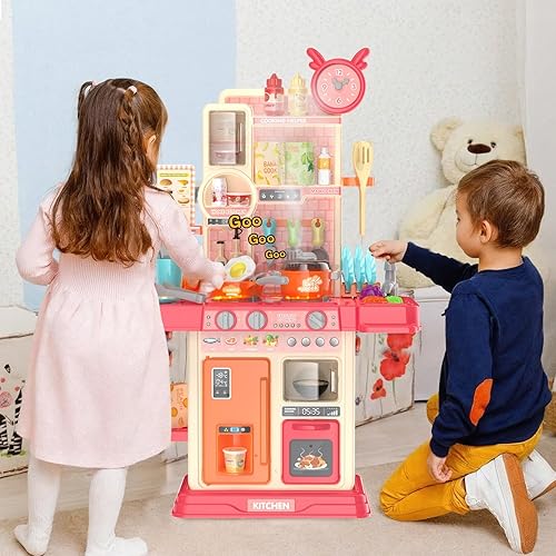 Miniatura 11 de Juego de cocina para niños pequeños, juego de cocina para niños pequeños, juguetes para niñas con estufa de cocina, vapor, fregadero y alimentos