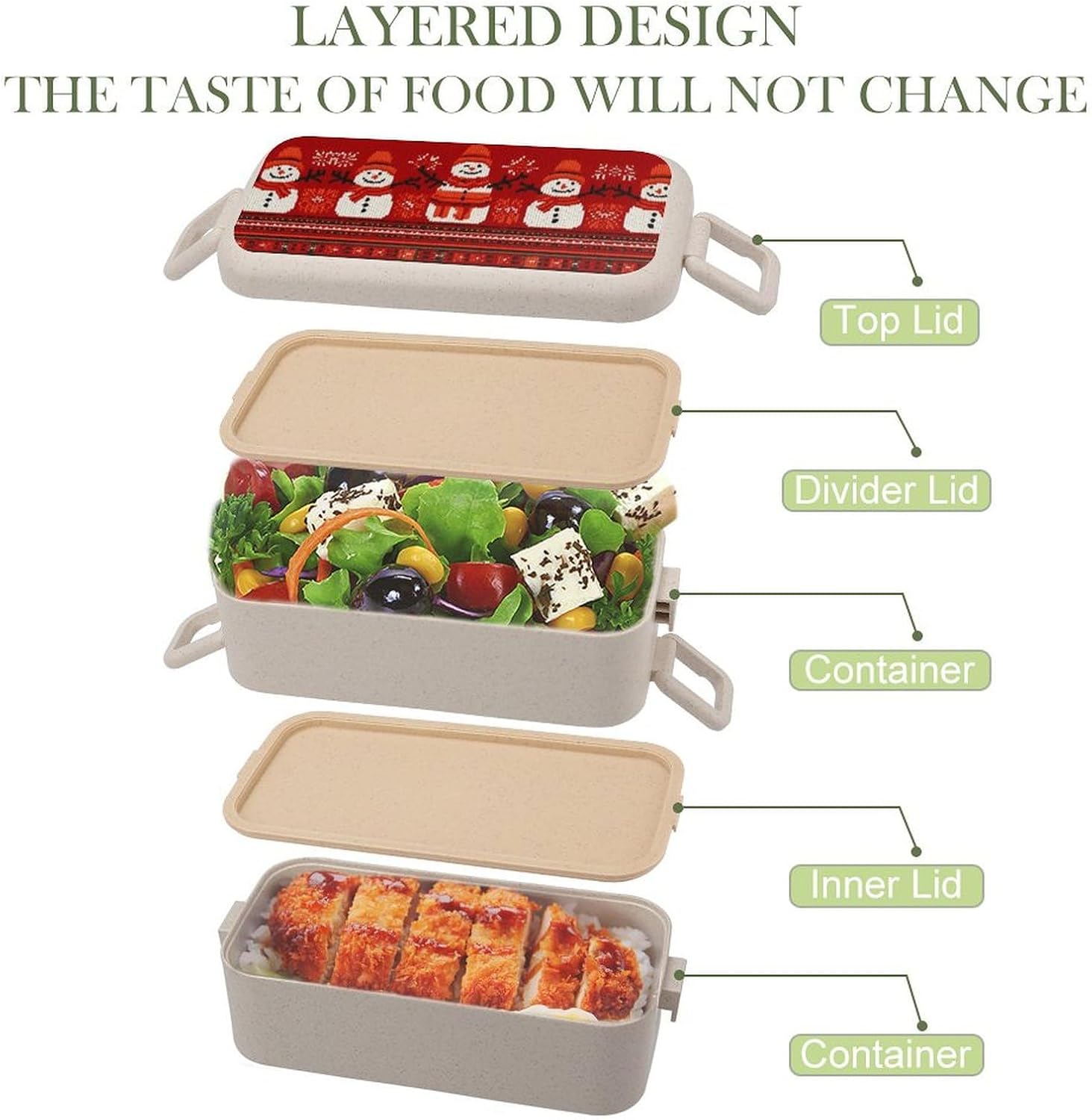 Lunch Box Bento Premium Snowman And Striped Christmas Printed Bento Box Bento with Spoon And Fork with Compartment Containers Suitable for Men And Women, style