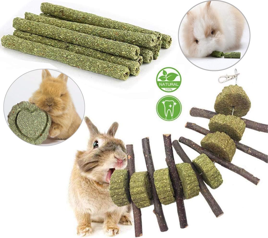 PIVBY Natural Timothy Grass Molar Rod Apple Wood Sticks Bunny Snacks Chew Toys with Grass Ball for Rabbits, Chinchillas, Hamsters,…
