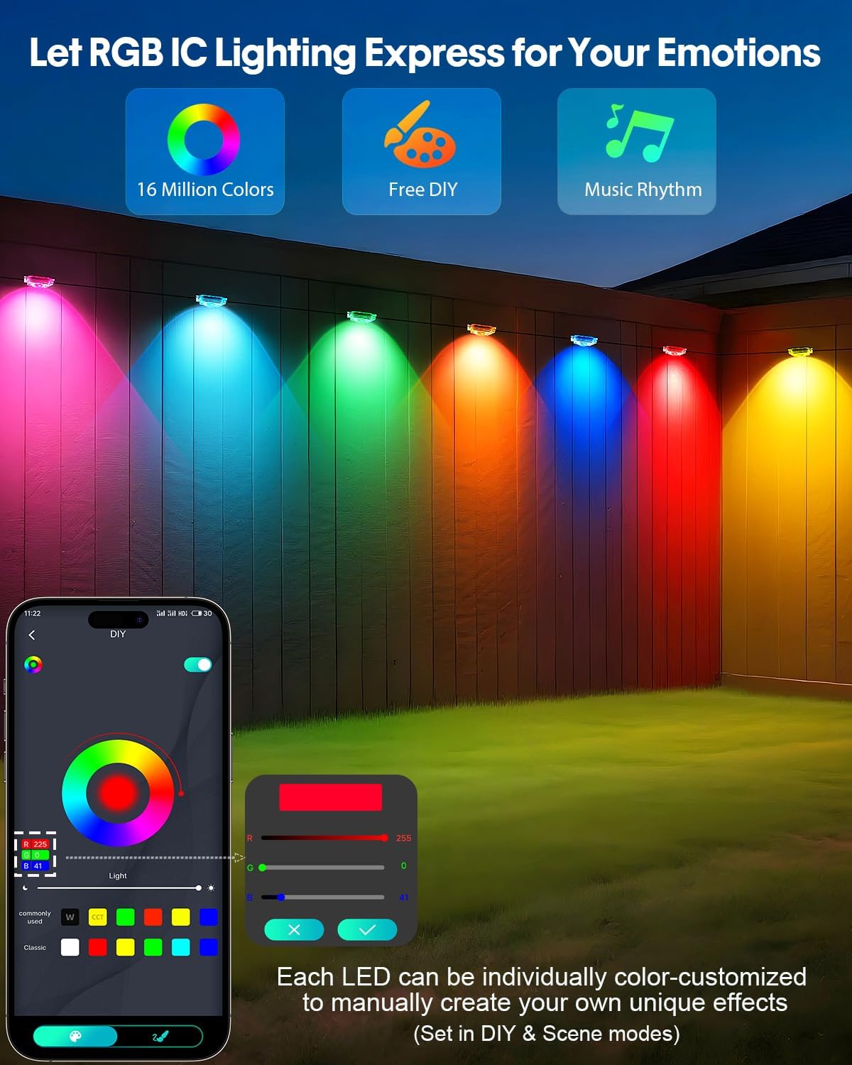 Permanent Outdoor Lights 150FT DIY RGB IC LED Christmas Eave Lights, Smart Fence Deck Light, 4000K White & Multicolor, IP67 Waterproof, App/Remote Control, Holiday for House Outside Decor