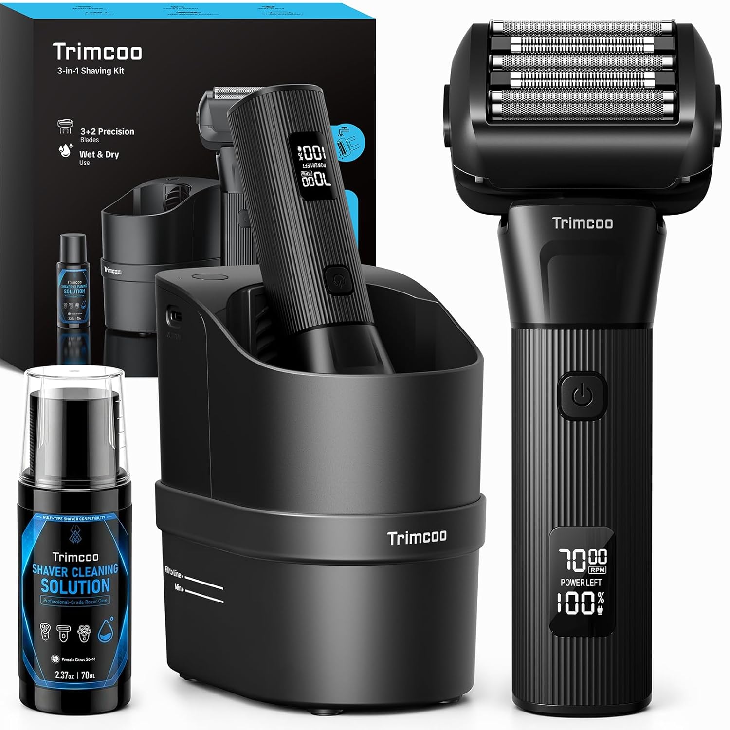 Electric Shaver for Men - Trimcoo 5-Blade Foil Razor Kit Gentle on Sensitive Skin Self-Cleaning Center USB-C Charging