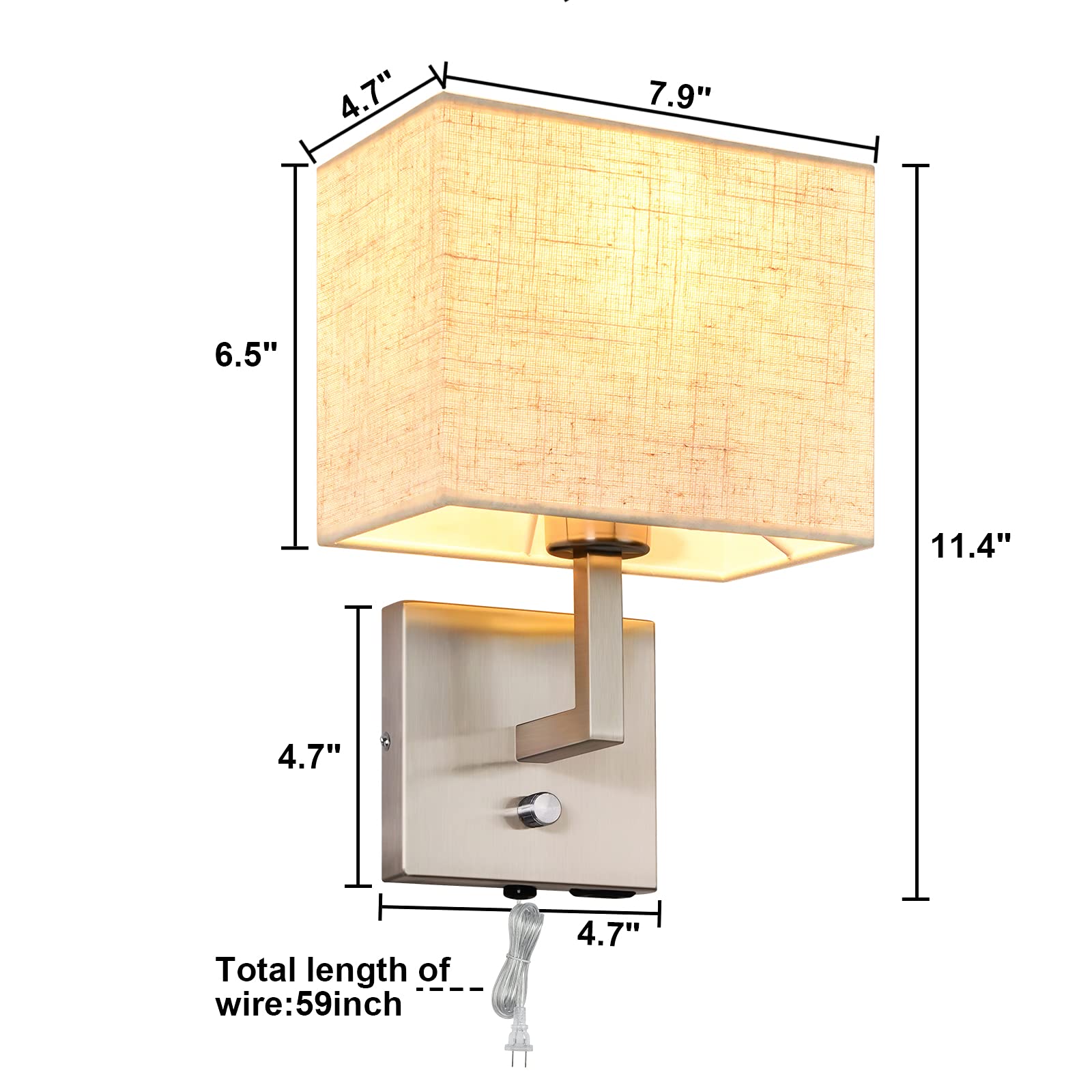 Wall Lamp with Plug in Cord, Wall Sconces with USB Port and Dimmer Switch, Wall Mounted Lamp Merge Function and Fashion, Wall Lamps with Fabric Shade spread warm glow, for Bedroom, Living Room, Office