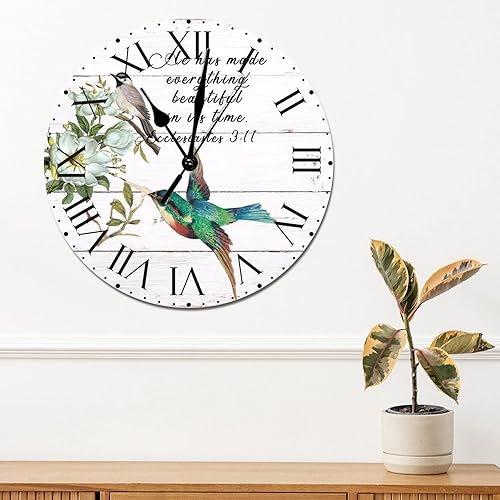 Miniatura 107 de ArogGeld He Made Everything Beautiful - Reloj de pared de PVC con flores rosadas, colibrí, reloj de pared grande con cita y números romanos, reloj