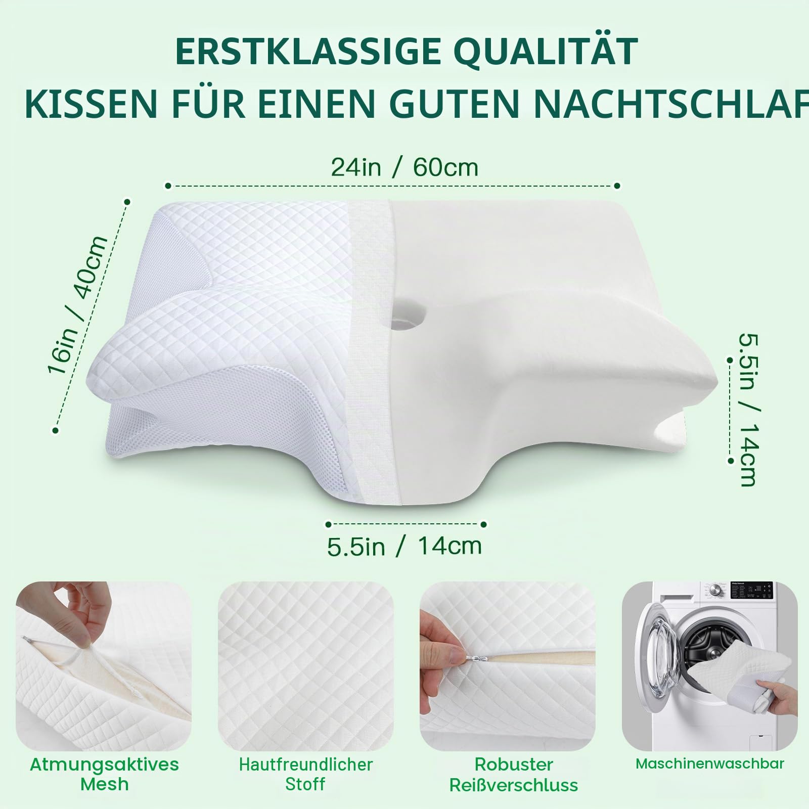 Nackenkissen 2 in 1 Memory Foam Kissen 60x40x12/14cm Weiß | Ergonomisches Nackenstützkissen für Rücken-, Seiten- und Bauchschläfer, Waschbarer und Abnehmbarer Kissenbezug