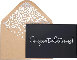Congratulations Card – 50 Pack Matte Finish Black Greeting Cards With ‘’Congratulations’’ Embossed In Silver Foil Letters – For Engagement, Graduation, Wedding 52 Gold Foil Confetti Kraft Envelopes