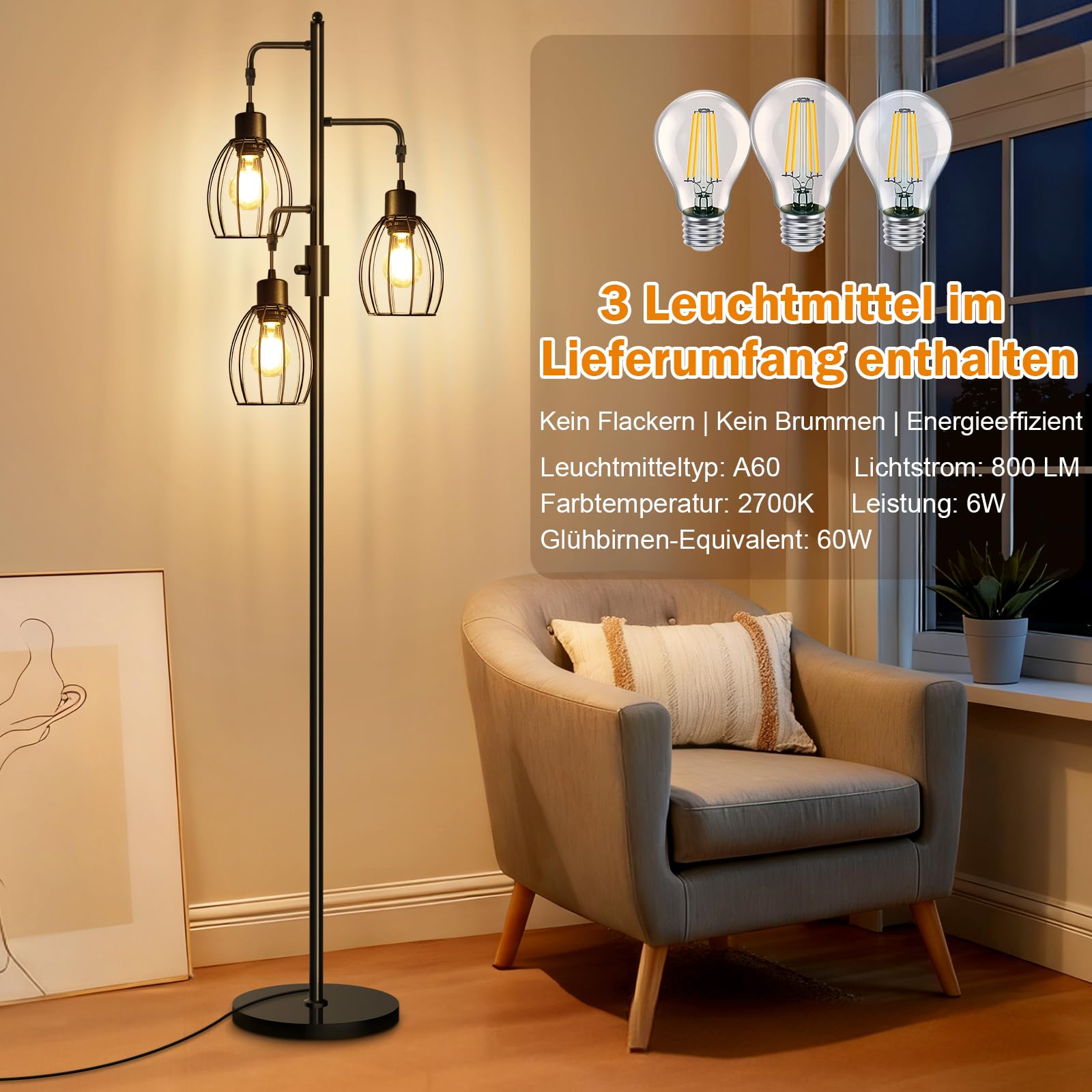 AmazeFan LED Stehlampe Dimmbar, 172cm Stehlampe Wohnzimmer mit 3 x 800LM LED-Glühbirnen, Käfig Lampenschirm aus Metall, Moderne Stehleuchte für Kinderzimmer, Büro, Wohnzimmer, Ecke Nachttischlampe