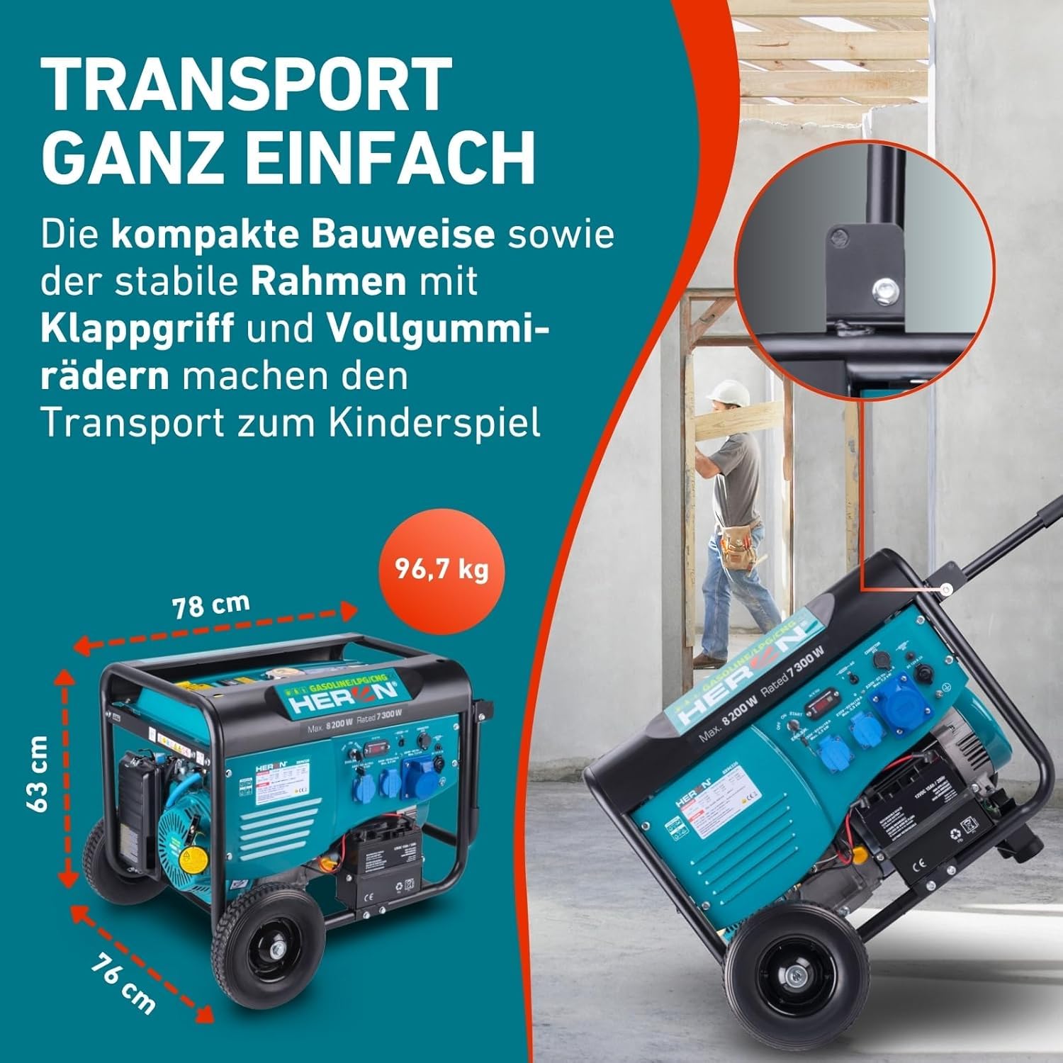 Heron Hybrid Benzin- & Gasgenerator (LPG/NG) und Notstromaggregat, 8,2 kW, mit 25L Tank, Elektrostarter, zwei 16A 230V & einer 32A 230V-Steckdose, mit AVR & ATS-Umschaltbox