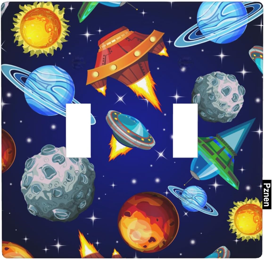 Planets Cartoon Double Toggle Light Switch Cover Astronaut Rocket Spacecraft Wall Plate Covers 2-Gang Toggle Switch Plates Home Decorative Office