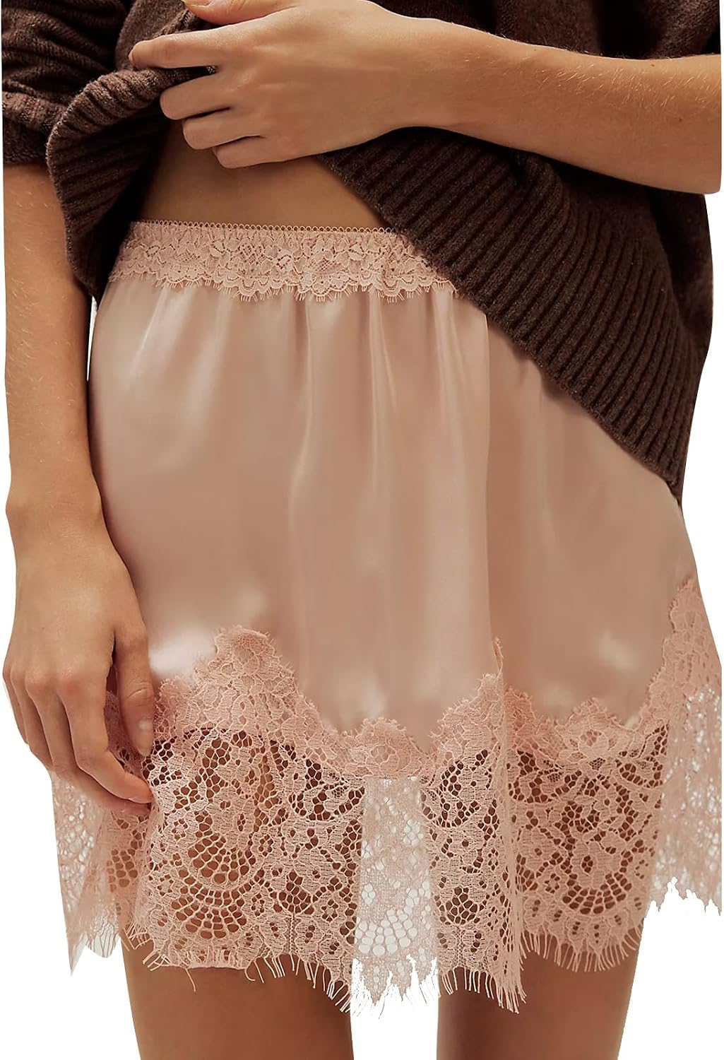 KOSUSANILL Women Satin Silk Mini Skirt with Lace Trim Low Rise A Line Lace Half Silp Skirt for Layering Y2K Flowy Underskirts