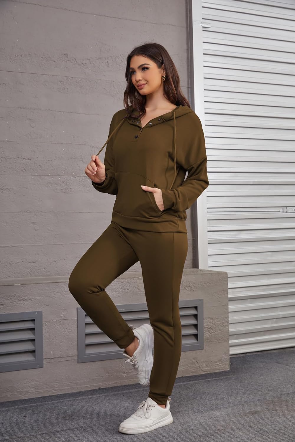 2 Piece Outfits Women Button Placket Hoodie Tracksuit Jogger Pants | Matching long sleeve sweatsuits & jogging suits,elastic waist,suitable for workout loungewear streetwear in fall winter