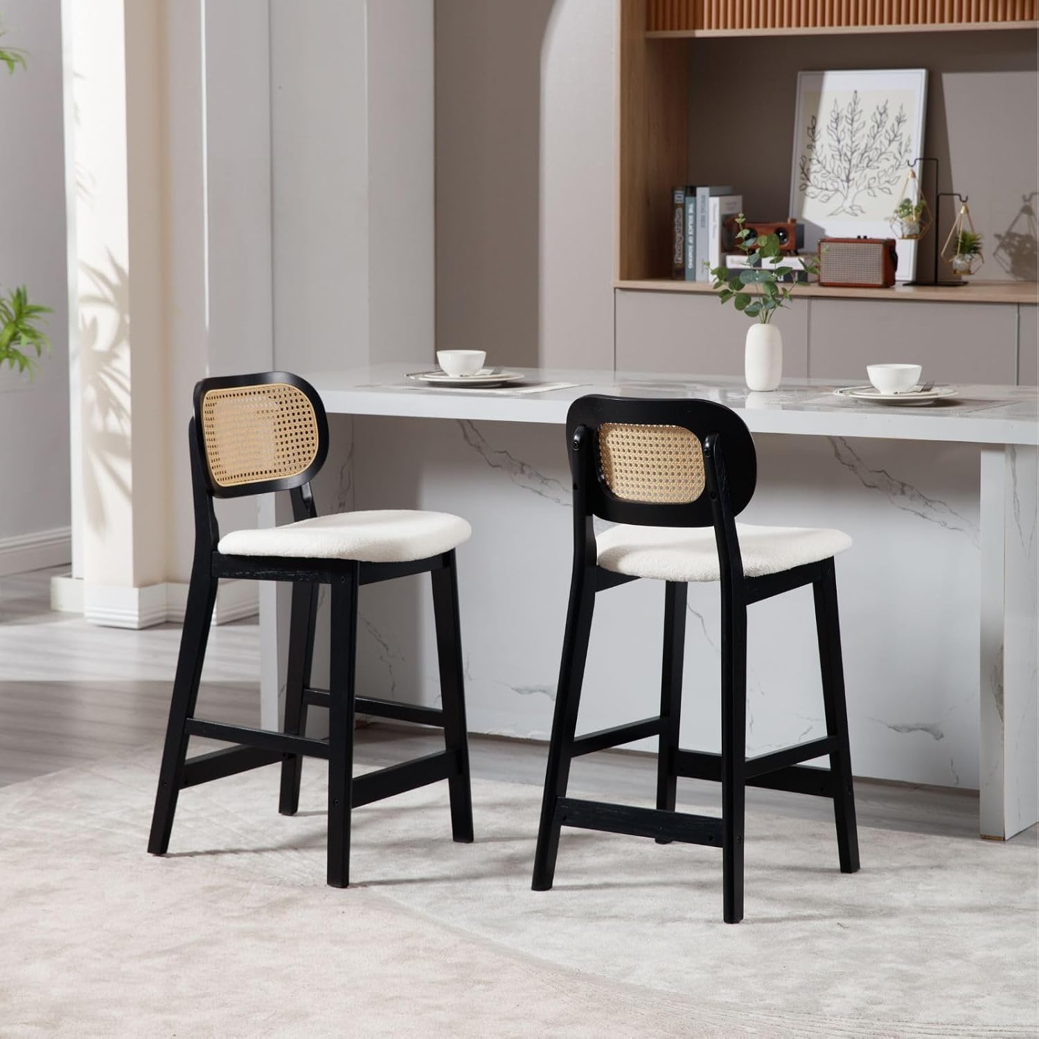 ROCITY Rattan Counter Stools Set of 4 White Sherpa Bar Stools Farmhouse Black Wood Bar Chairs 26 Inch Kitchen Island Chairs with Curved Back