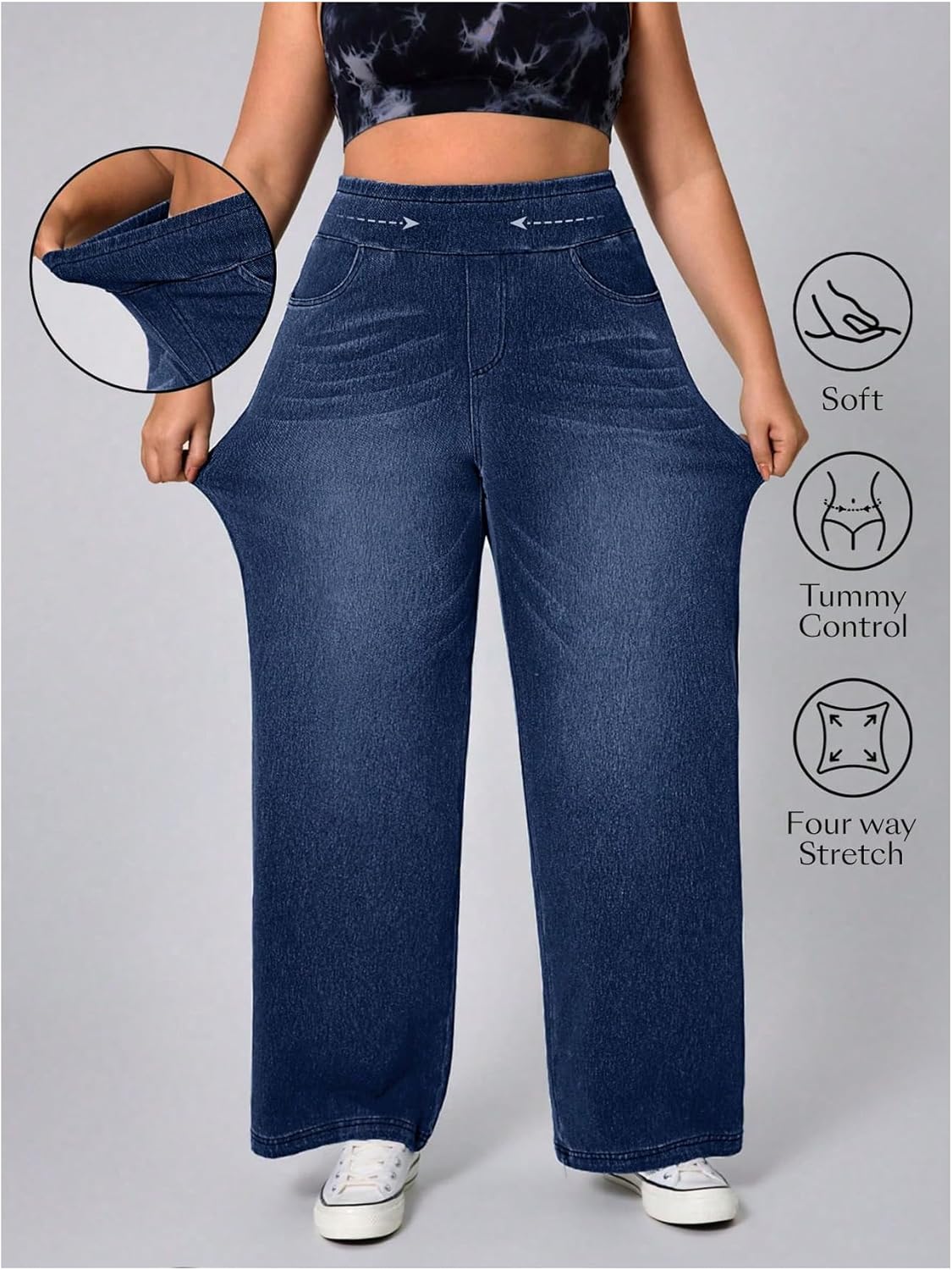 GORGLITTER Women's Plus Size Jeans Baggy Wide Leg Denim Pants High Elastic Waist Stretchy Trousers Pants Bottoms - Image 5
