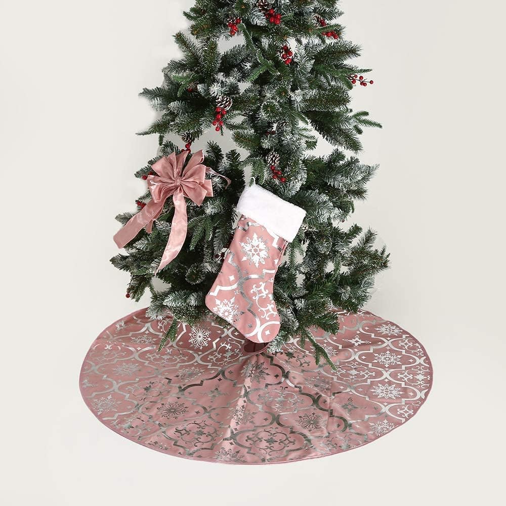 Flash World 36 Inch Large Christmas Tree Skirt Xmas Soft Cover Mat Decor Snowflake Collar Farmhouse Tree Skirt for Holiday Ornaments Party Home Indoor Decorations (Pink, 36INCH)