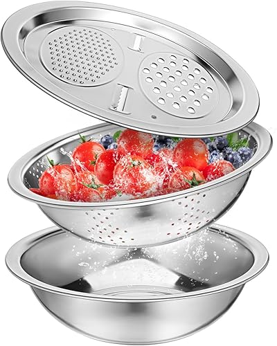 iplusmile Cuenca multifuncional de acero inoxidable 3 unidsset cortador de verduras triturando con cesta de drenaje - Juego de cuenco de lavado