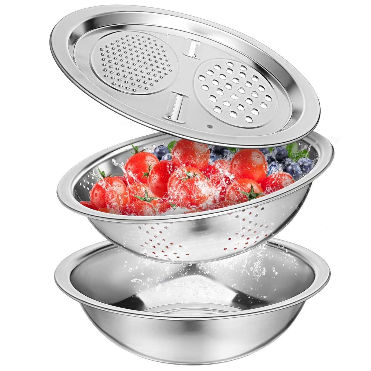 Ciieeo Bassine Inox Multifonction avec Passoire Égouttoir pour Fruits et Légumes Bol de Lavage et Panier de Stockage Alimentaire Évier de Cuisine Pratique et Facile à Nettoyer