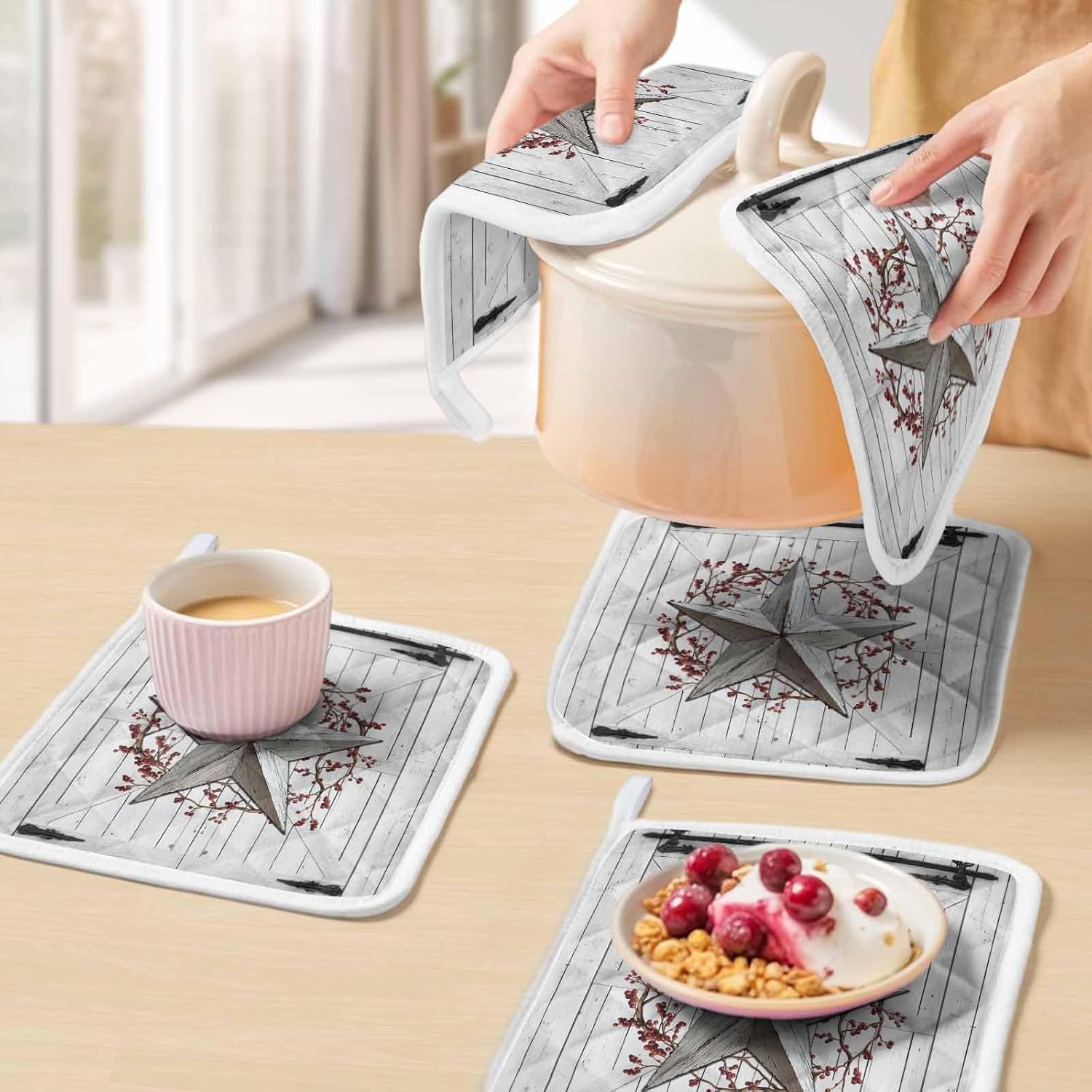 Texas Star Retro Pot Holders for Kitchen Heatproof Potholder, 5 Pack Vintage White Wooden Berry Hot Pads Multipurpose Oven Pads Cloth Potholders Trivet for Cooking Baking