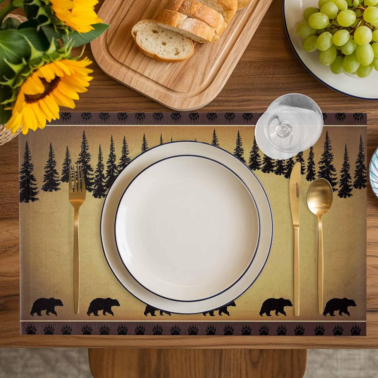 Placemats for Dining Table Set of 6, Polar Bears Pine Tree Cotton Linen Table Mat for Wedding/Banquet/Baby Shower/Party, Waterproof Cloth Place Mat 13''x19'', Rural Farm Farmhouse