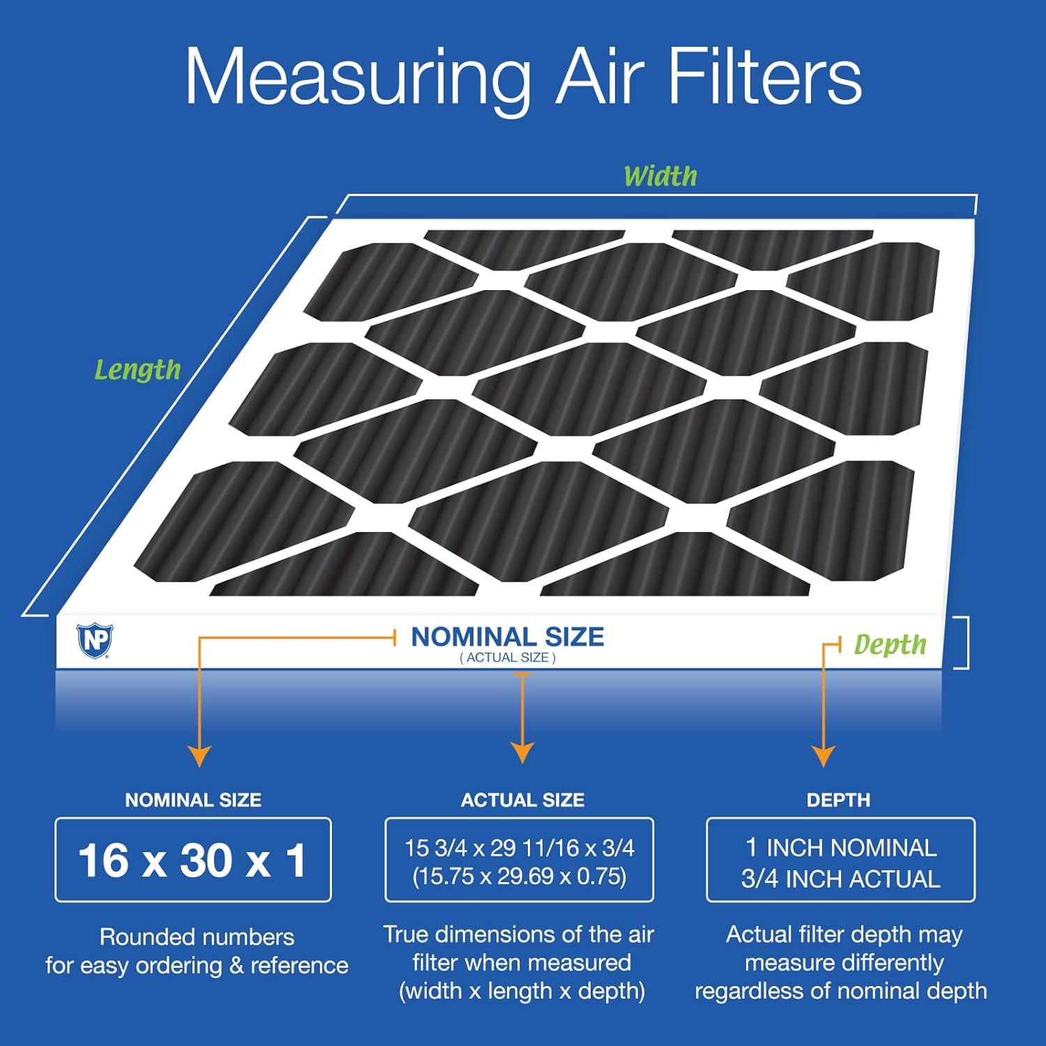 Nordic Pure 16x30x1 (15 3/4 x 29 11/16 x 3/4) Pure Carbon Pleated Odor Reduction Furnace Air Filters 6 Pack